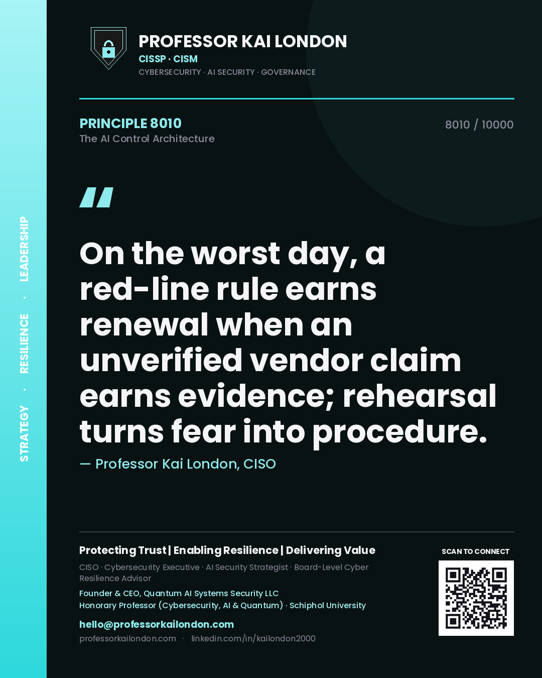Professor Kai London principle 8010: On the worst day, a red-line rule earns renewal when an unverified vendor claim earns evidence; rehearsal turns fear into procedure.