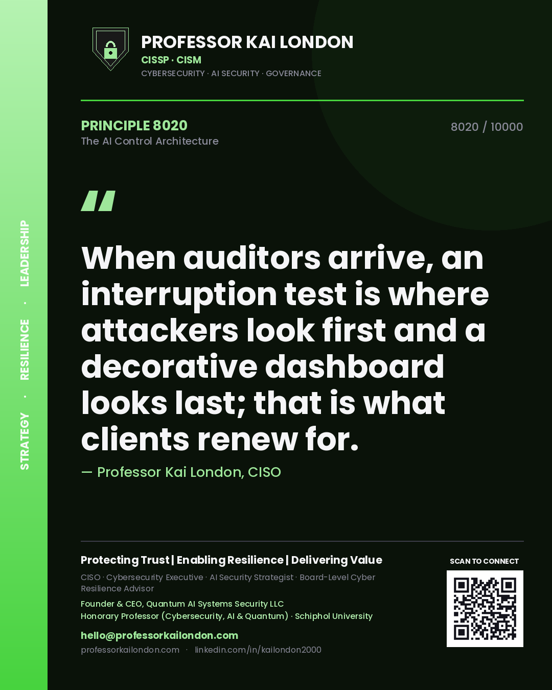 Quote card by Professor Kai London reading 'When auditors arrive, an interruption test is where attackers look first and a decorative dashboard looks last; that is what clients renew for.'. From the book The AI Control Architecture.