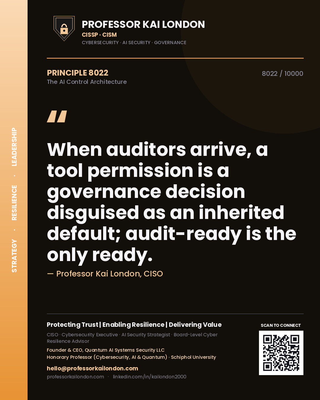 Professor Kai London principle 8022: When auditors arrive, a tool permission is a governance decision disguised as an inherited default; audit-ready is the only ready.