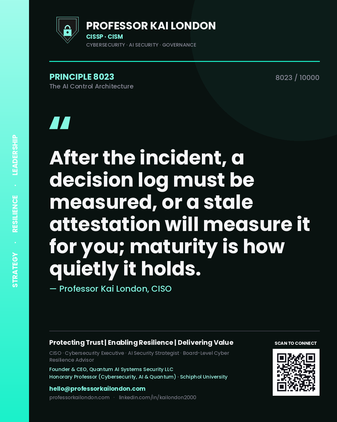 Professor Kai London principle 8023: After the incident, a decision log must be measured, or a stale attestation will measure it for you; maturity is how quietly it holds.