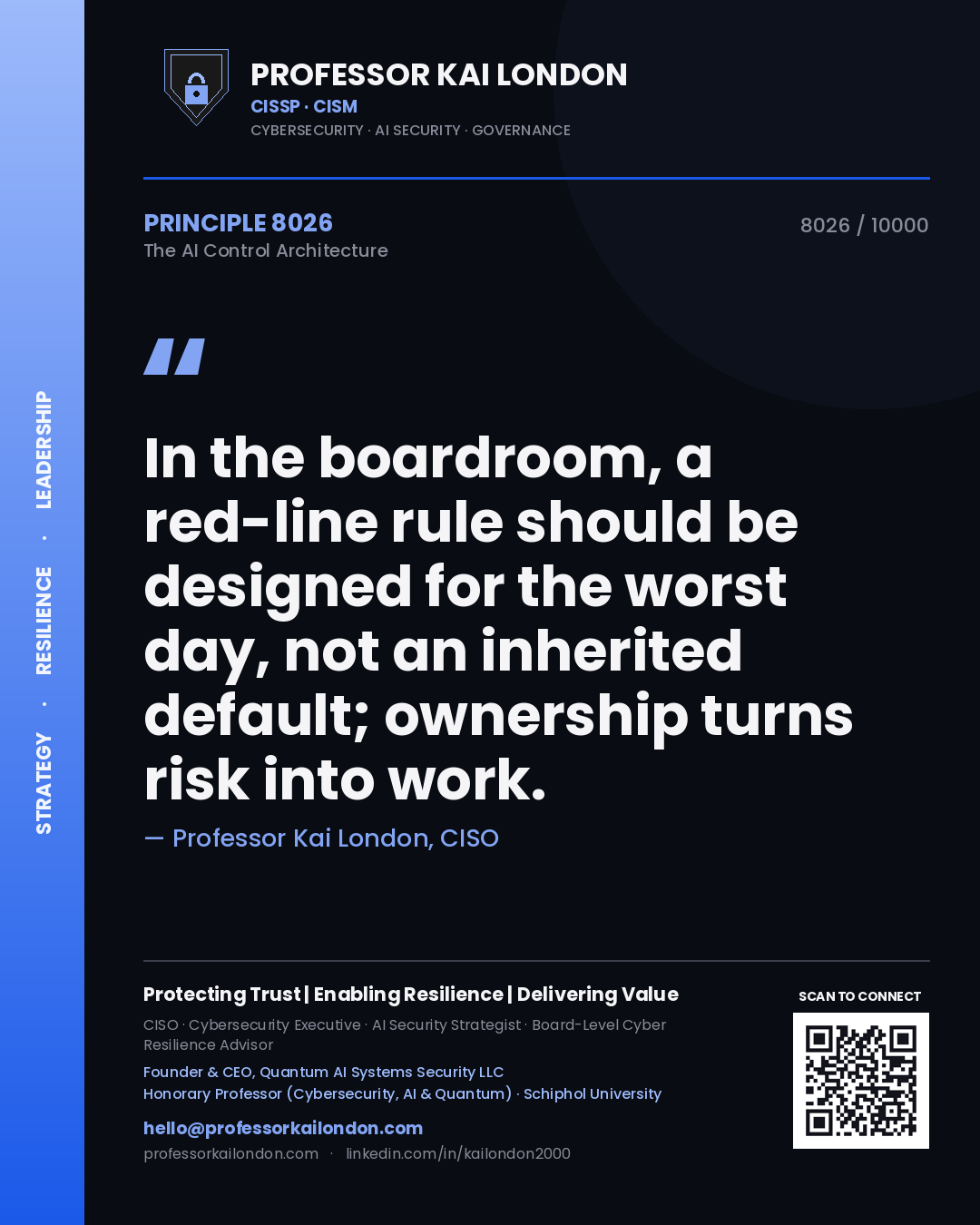 Quote card by Professor Kai London reading 'In the boardroom, a red-line rule should be designed for the worst day, not an inherited default; ownership turns risk into work.'. From the book The AI Control Architecture.