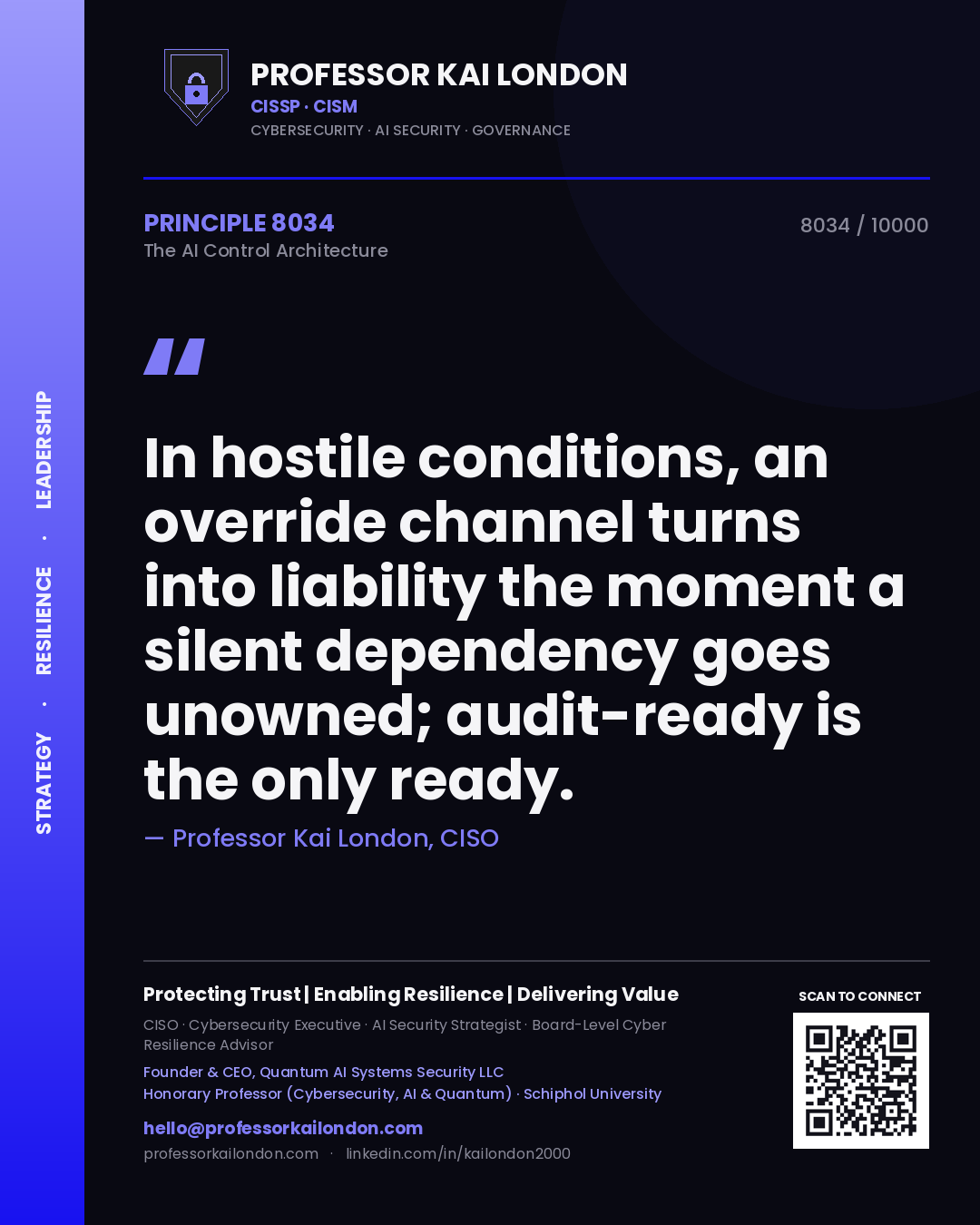 Professor Kai London principle 8034: In hostile conditions, an override channel turns into liability the moment a silent dependency goes unowned; audit-ready is the only ready.
