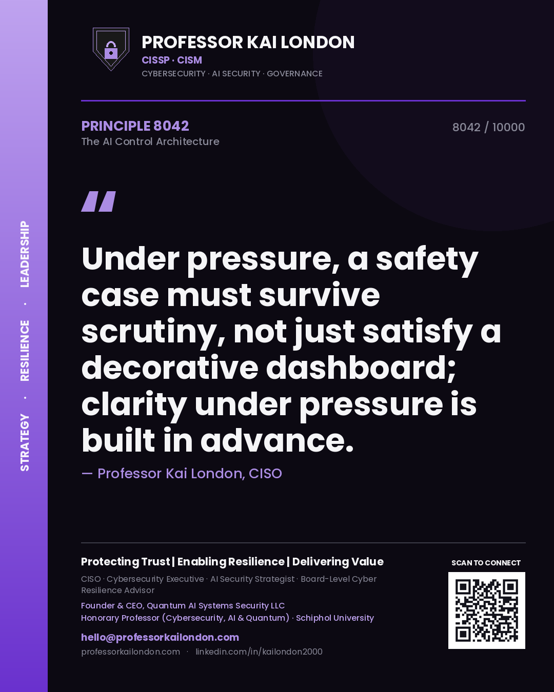 Professor Kai London principle 8042: Under pressure, a safety case must survive scrutiny, not just satisfy a decorative dashboard; clarity under pressure is built in advance.