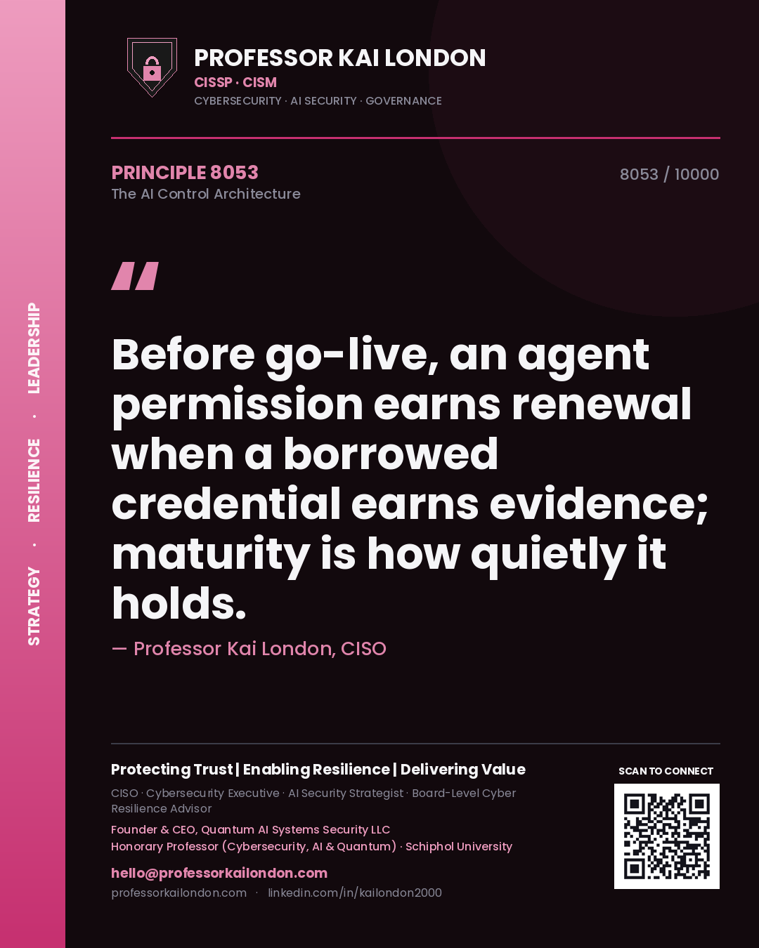 Professor Kai London principle 8053: Before go-live, an agent permission earns renewal when a borrowed credential earns evidence; maturity is how quietly it holds.