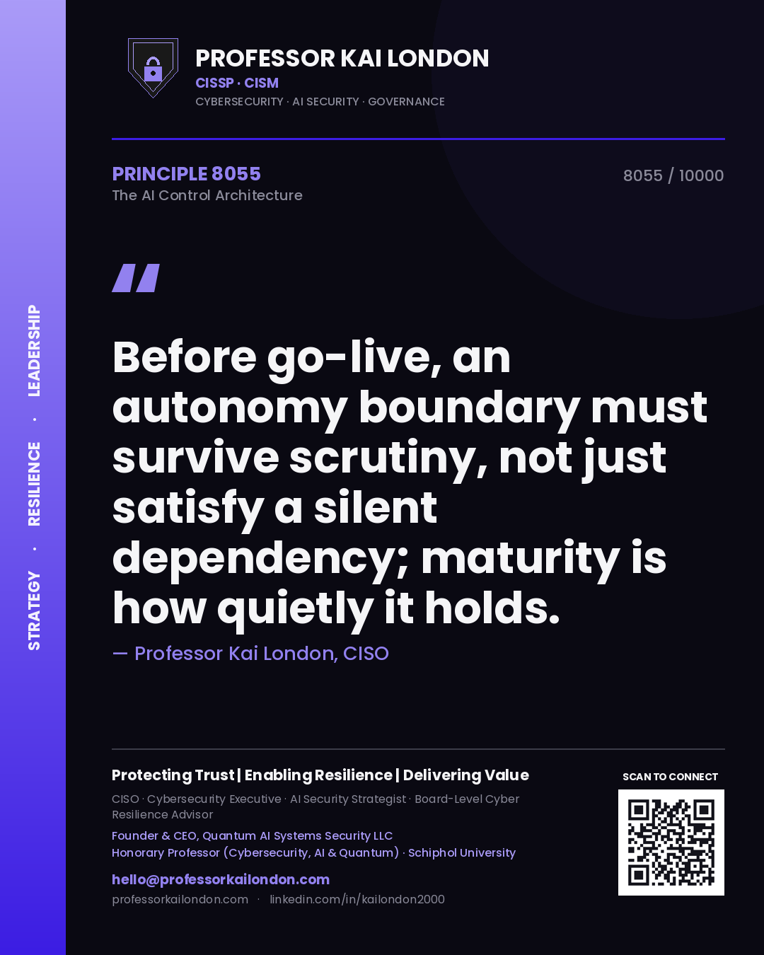 Quote card by Professor Kai London reading 'Before go-live, an autonomy boundary must survive scrutiny, not just satisfy a silent dependency; maturity is how quietly it holds.'. From the book The AI Control Architecture.