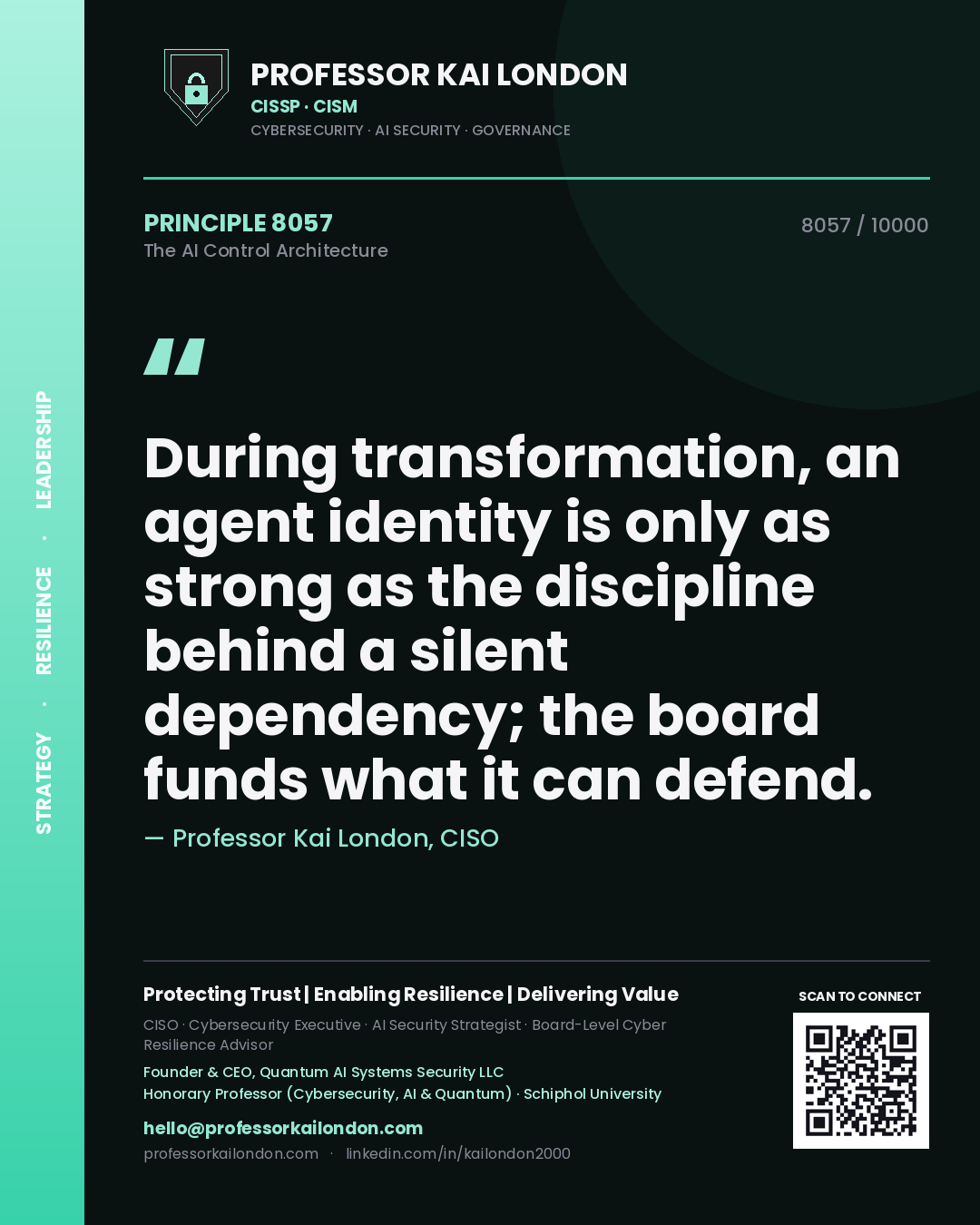 Quote card by Professor Kai London reading 'During transformation, an agent identity is only as strong as the discipline behind a silent dependency; the board funds what it can defend.'. From the book The AI Control Architecture.