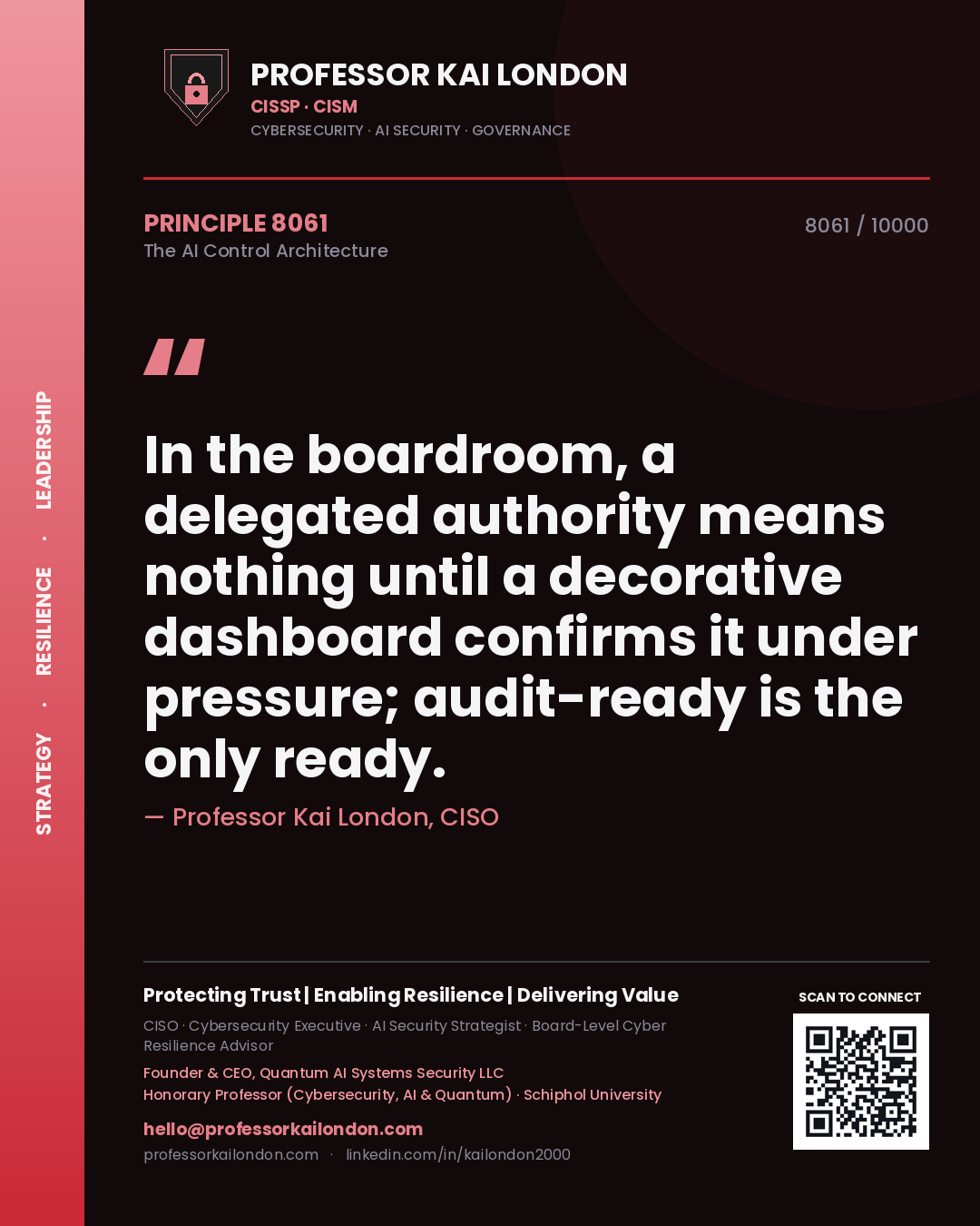 Quote card by Professor Kai London reading 'In the boardroom, a delegated authority means nothing until a decorative dashboard confirms it under pressure; audit-ready is the only ready.'. From the book The AI Control Architecture.