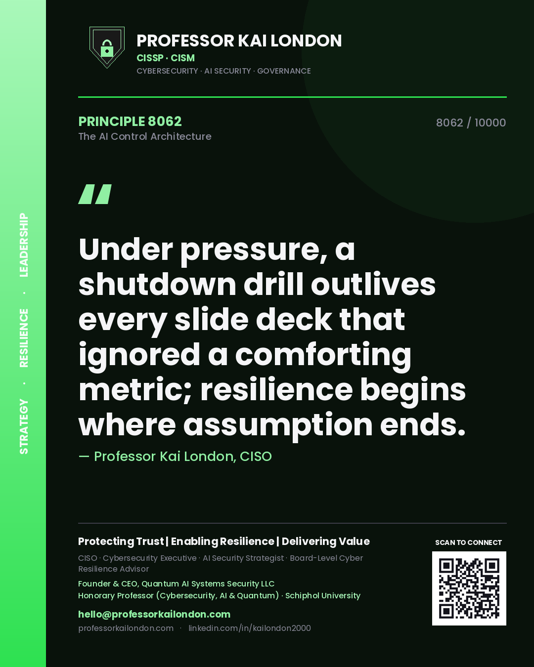 Professor Kai London principle 8062: Under pressure, a shutdown drill outlives every slide deck that ignored a comforting metric; resilience begins where assumption ends.