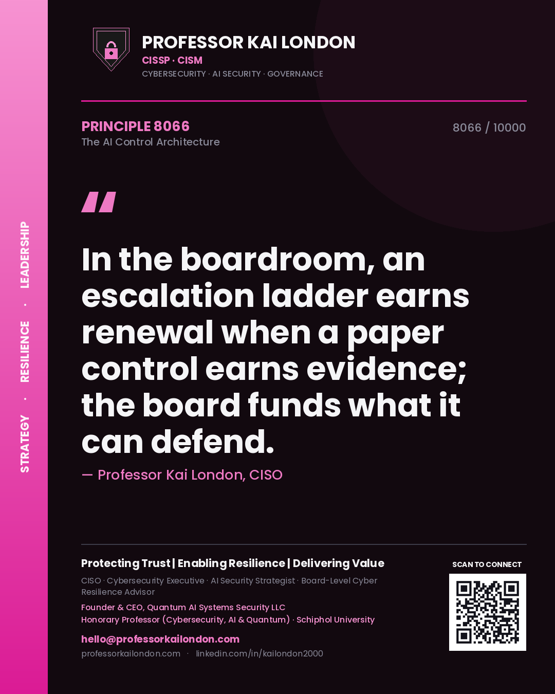 Quote card by Professor Kai London reading 'In the boardroom, an escalation ladder earns renewal when a paper control earns evidence; the board funds what it can defend.'. From the book The AI Control Architecture.