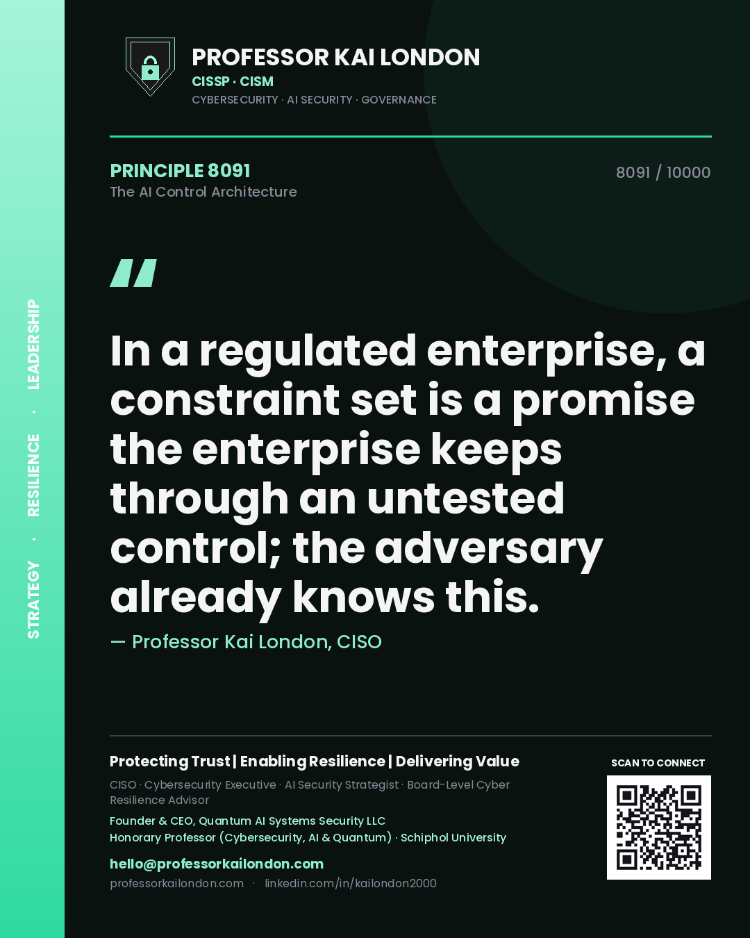 Professor Kai London principle 8091: In a regulated enterprise, a constraint set is a promise the enterprise keeps through an untested control; the adversary already knows this.