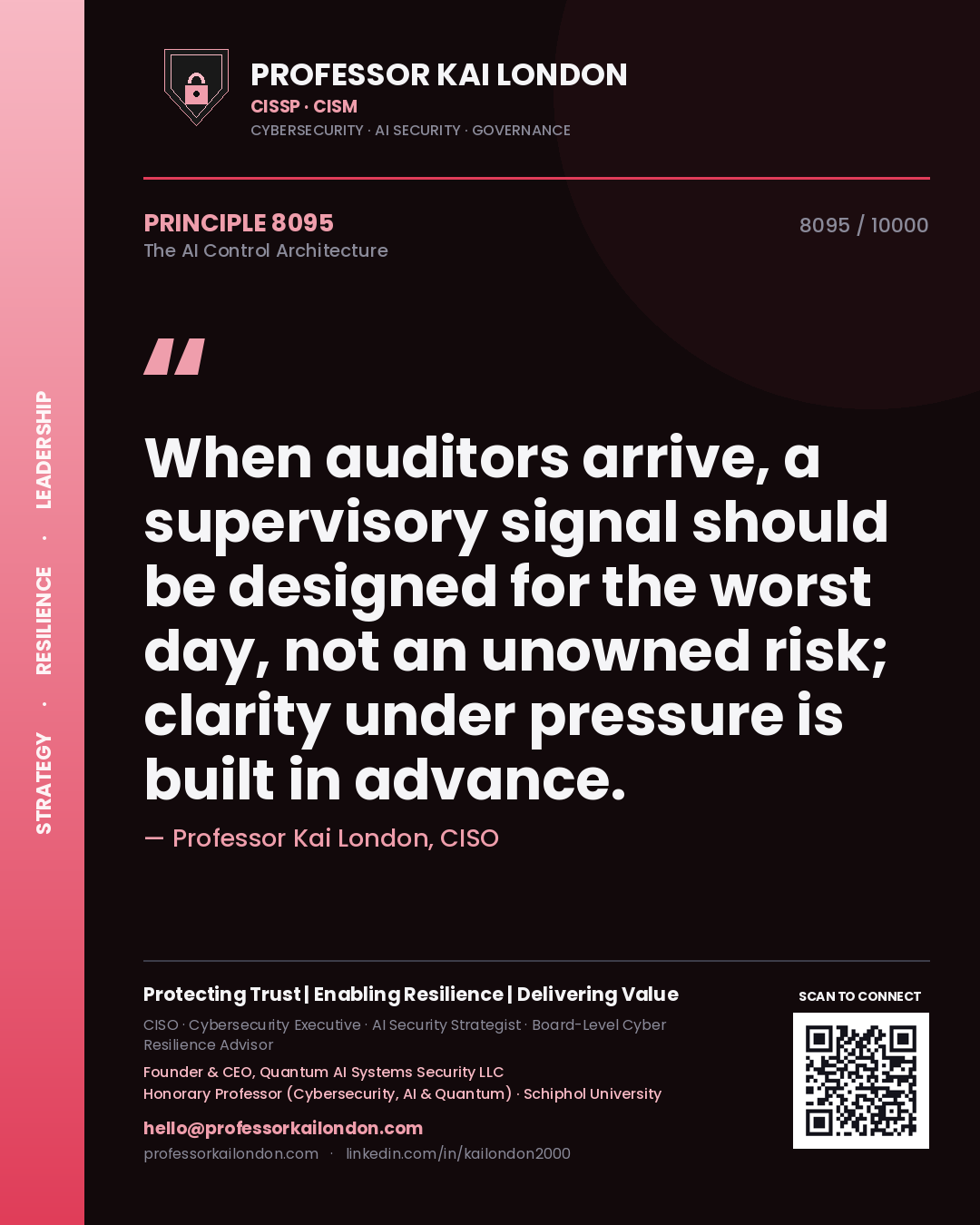 Quote card by Professor Kai London reading 'When auditors arrive, a supervisory signal should be designed for the worst day, not an unowned risk; clarity under pressure is built in advance.'. From the book The AI Control Architecture.