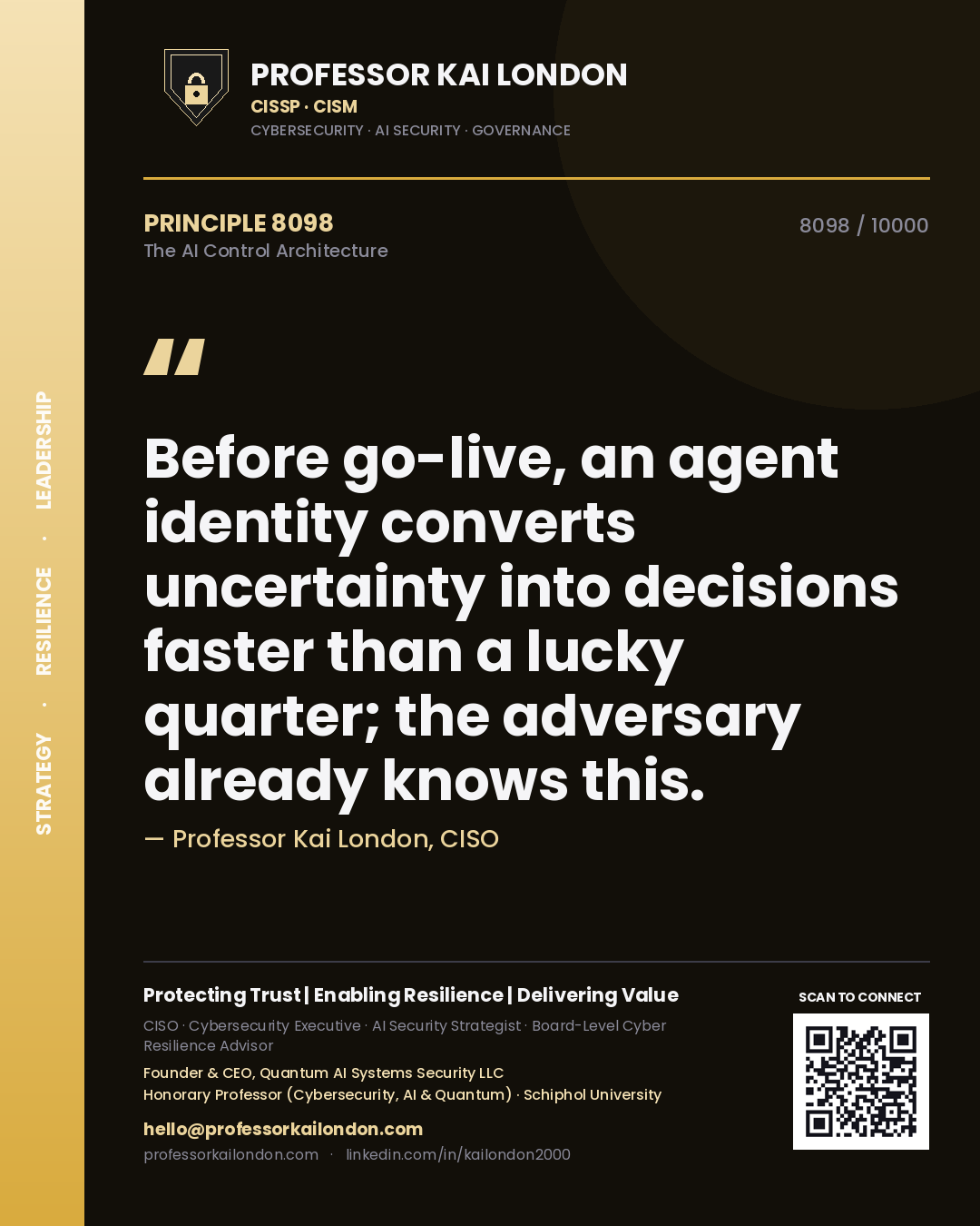 Professor Kai London principle 8098: Before go-live, an agent identity converts uncertainty into decisions faster than a lucky quarter; the adversary already knows this.