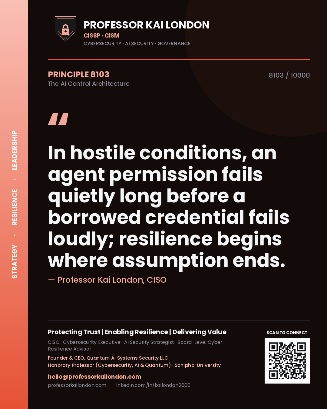 Quote card by Professor Kai London reading 'In hostile conditions, an agent permission fails quietly long before a borrowed credential fails loudly; resilience begins where assumption ends.'. From the book The AI Control Architecture.