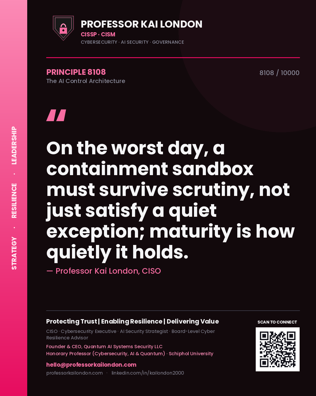 Professor Kai London principle 8108: On the worst day, a containment sandbox must survive scrutiny, not just satisfy a quiet exception; maturity is how quietly it holds.