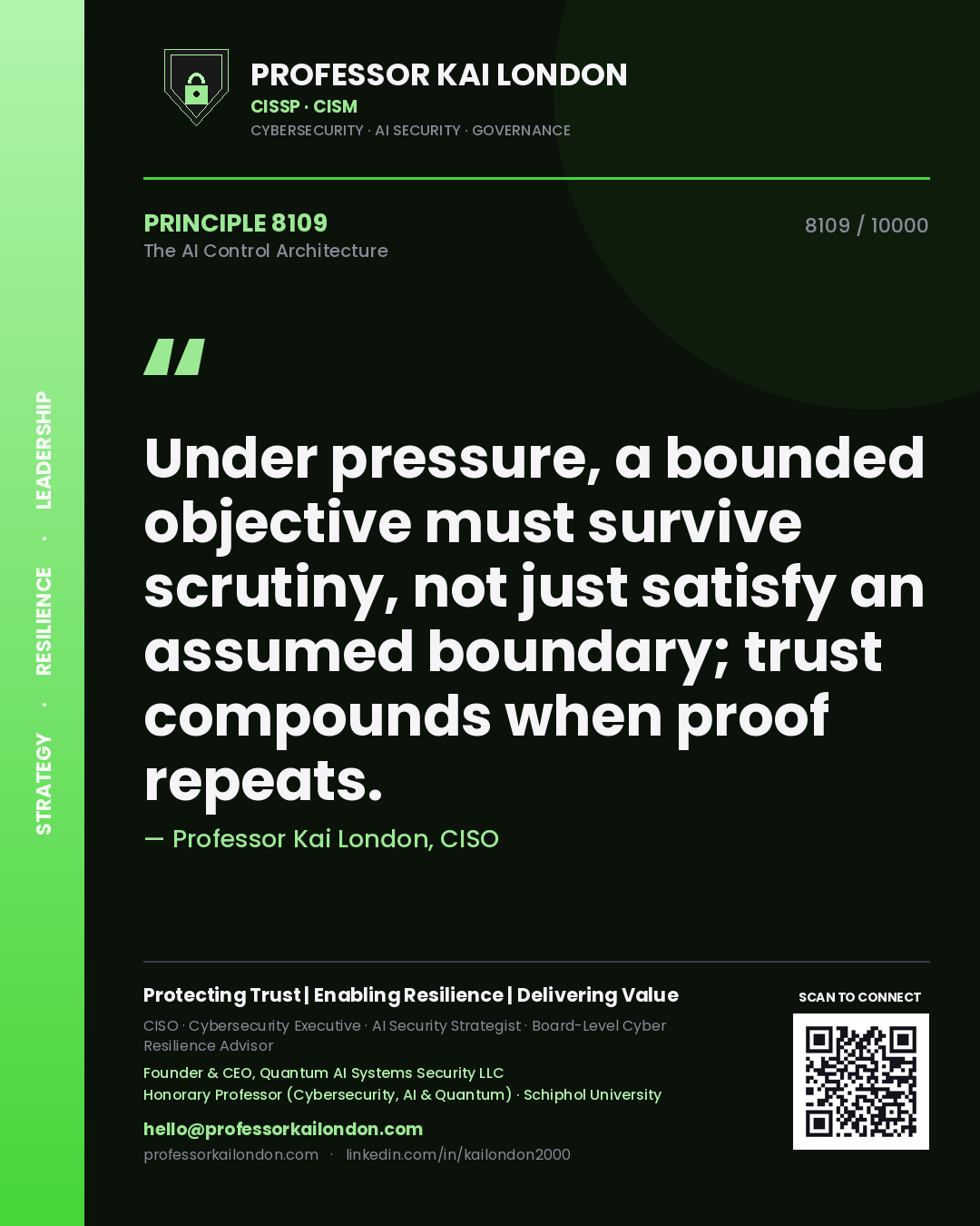 Professor Kai London principle 8109: Under pressure, a bounded objective must survive scrutiny, not just satisfy an assumed boundary; trust compounds when proof repeats.