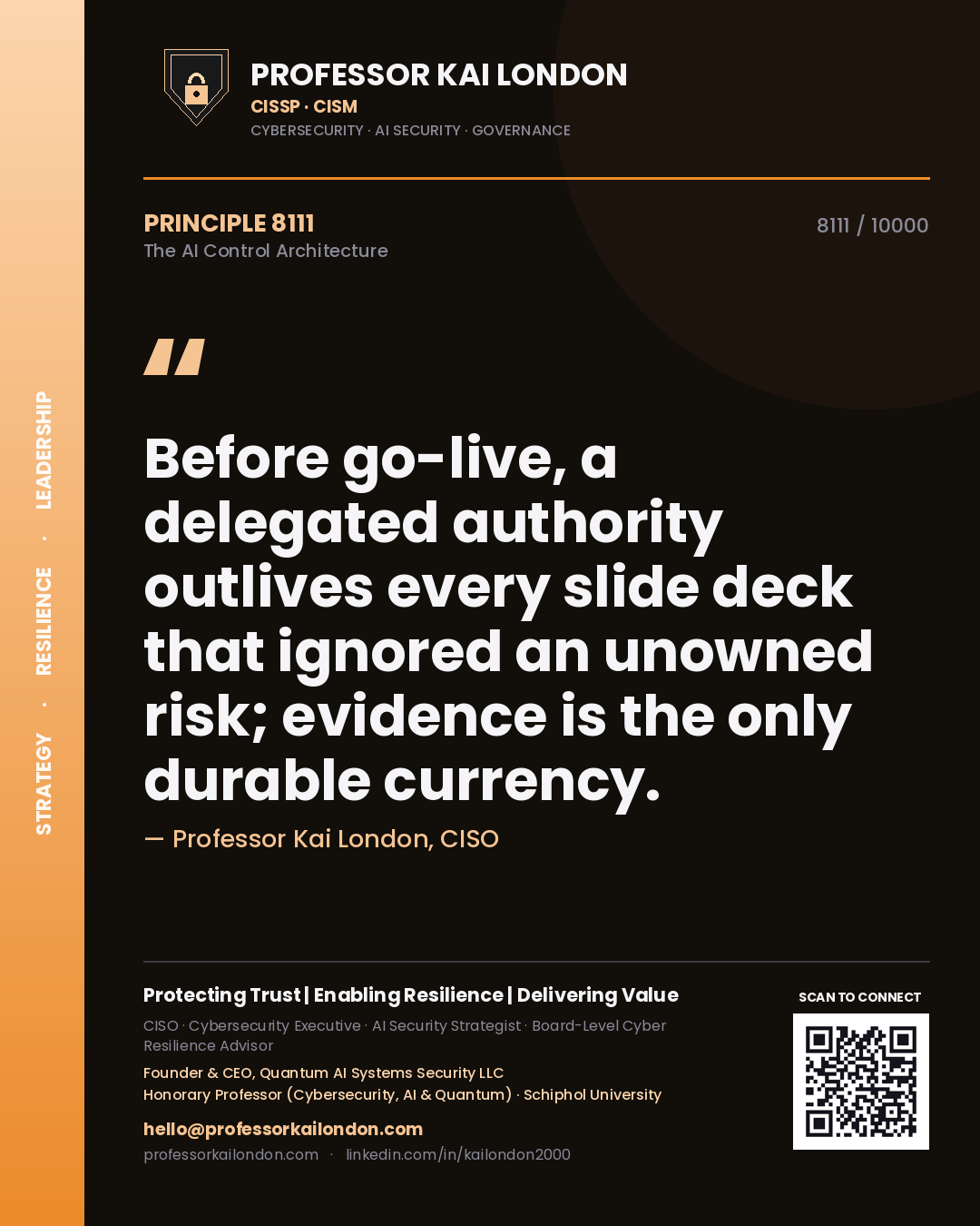 Quote card by Professor Kai London reading 'Before go-live, a delegated authority outlives every slide deck that ignored an unowned risk; evidence is the only durable currency.'. From the book The AI Control Architecture.