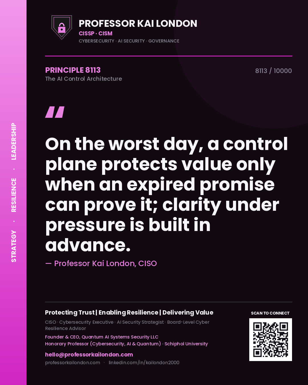 Professor Kai London principle 8113: On the worst day, a control plane protects value only when an expired promise can prove it; clarity under pressure is built in advance.