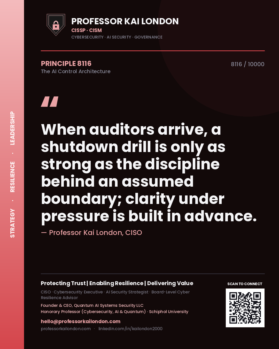 Quote card by Professor Kai London reading 'When auditors arrive, a shutdown drill is only as strong as the discipline behind an assumed boundary; clarity under pressure is built in advance.'. From the book The AI Control Architecture.