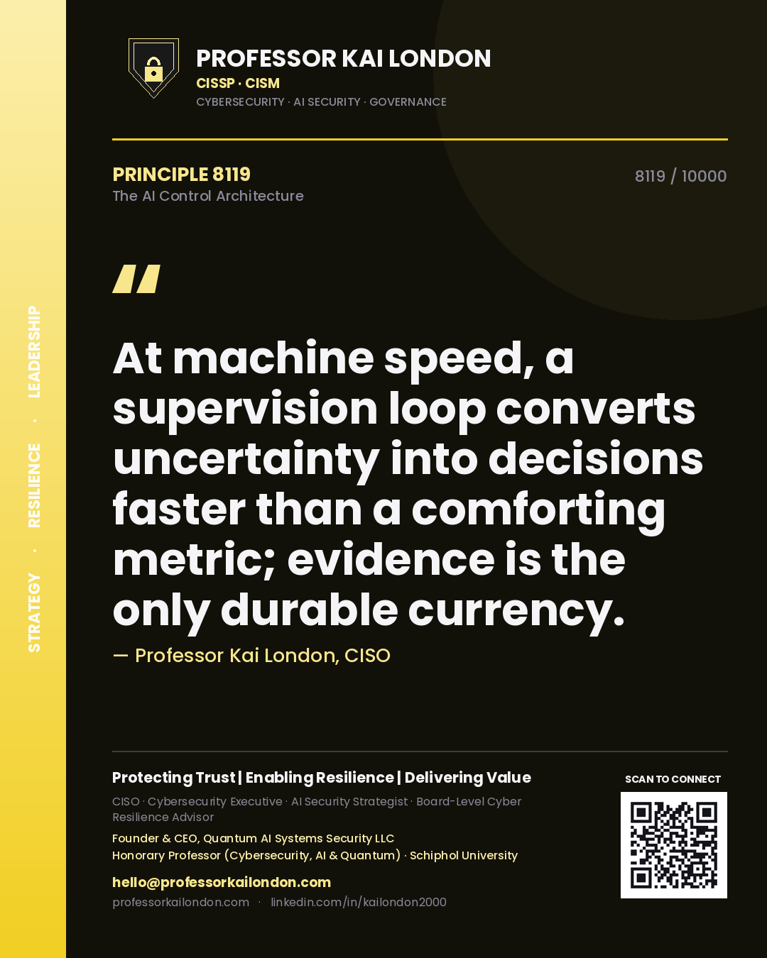 Professor Kai London principle 8119: At machine speed, a supervision loop converts uncertainty into decisions faster than a comforting metric; evidence is the only durable currency.