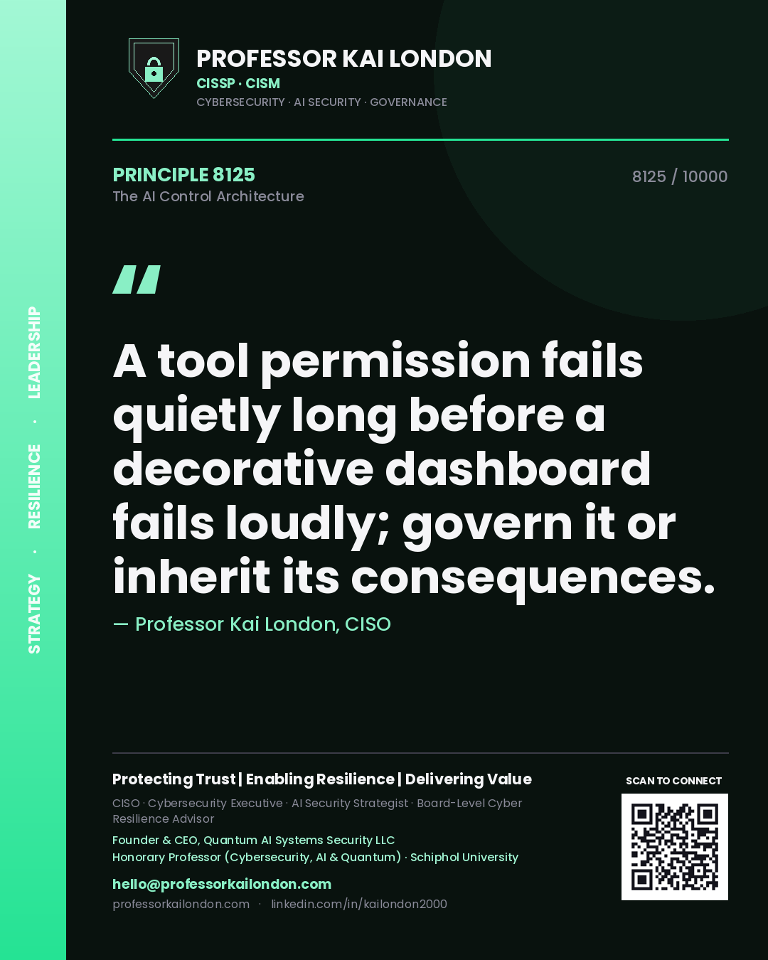 Professor Kai London principle 8125: A tool permission fails quietly long before a decorative dashboard fails loudly; govern it or inherit its consequences.