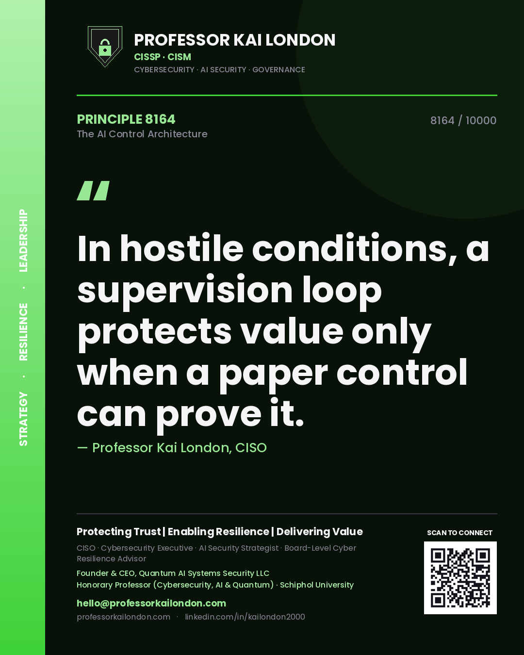Quote card by Professor Kai London reading 'In hostile conditions, a supervision loop protects value only when a paper control can prove it.'. From the book The AI Control Architecture.