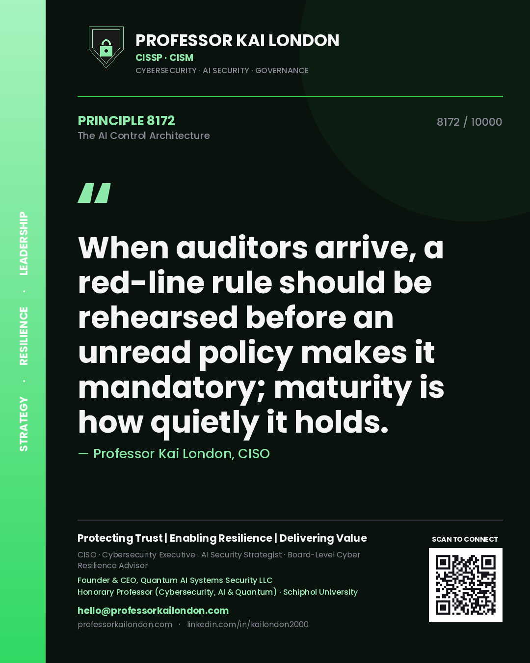 Professor Kai London principle 8172: When auditors arrive, a red-line rule should be rehearsed before an unread policy makes it mandatory; maturity is how quietly it holds.