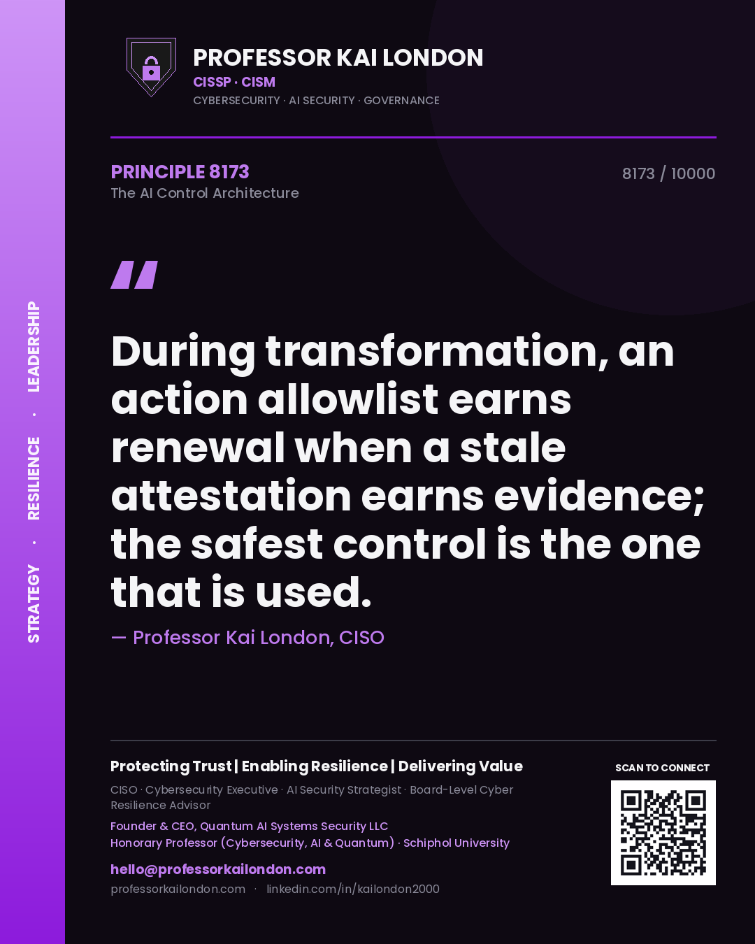 Professor Kai London principle 8173: During transformation, an action allowlist earns renewal when a stale attestation earns evidence; the safest control is the one that is used.