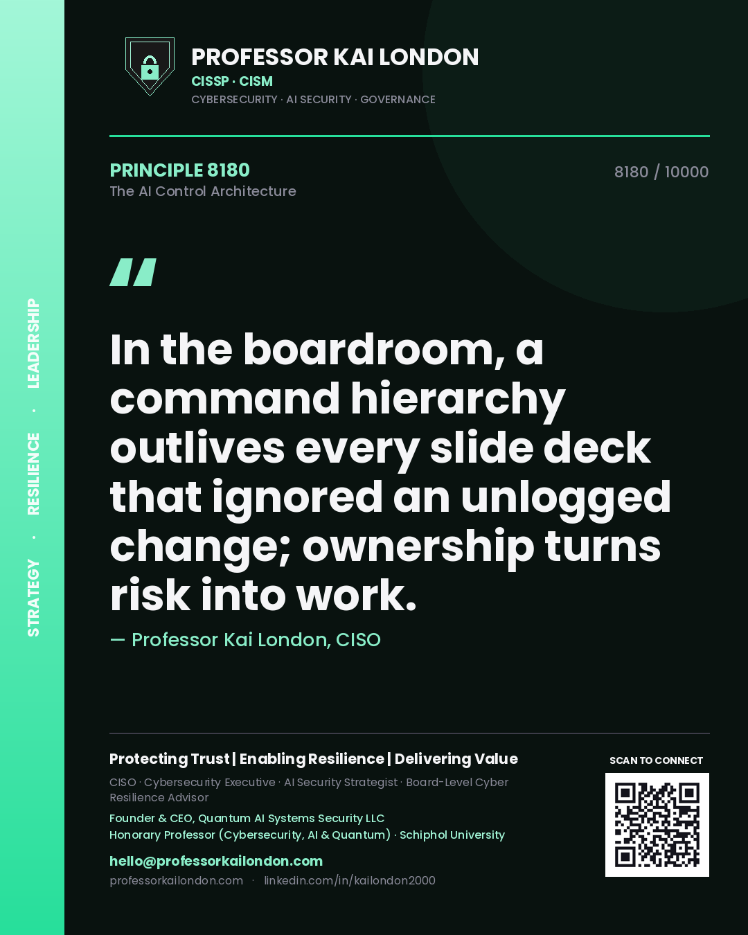 Quote card by Professor Kai London reading 'In the boardroom, a command hierarchy outlives every slide deck that ignored an unlogged change; ownership turns risk into work.'. From the book The AI Control Architecture.
