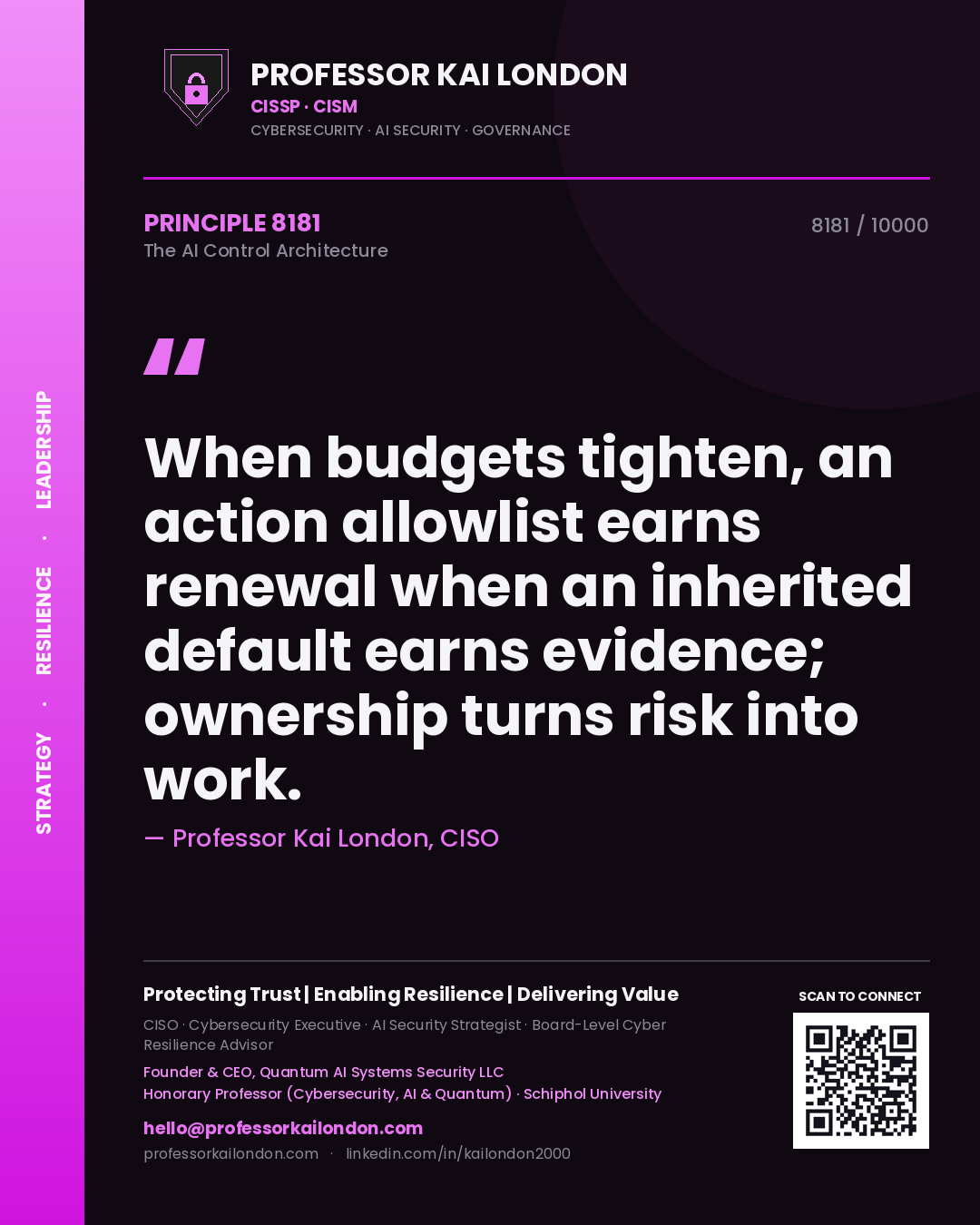 Quote card by Professor Kai London reading 'When budgets tighten, an action allowlist earns renewal when an inherited default earns evidence; ownership turns risk into work.'. From the book The AI Control Architecture.