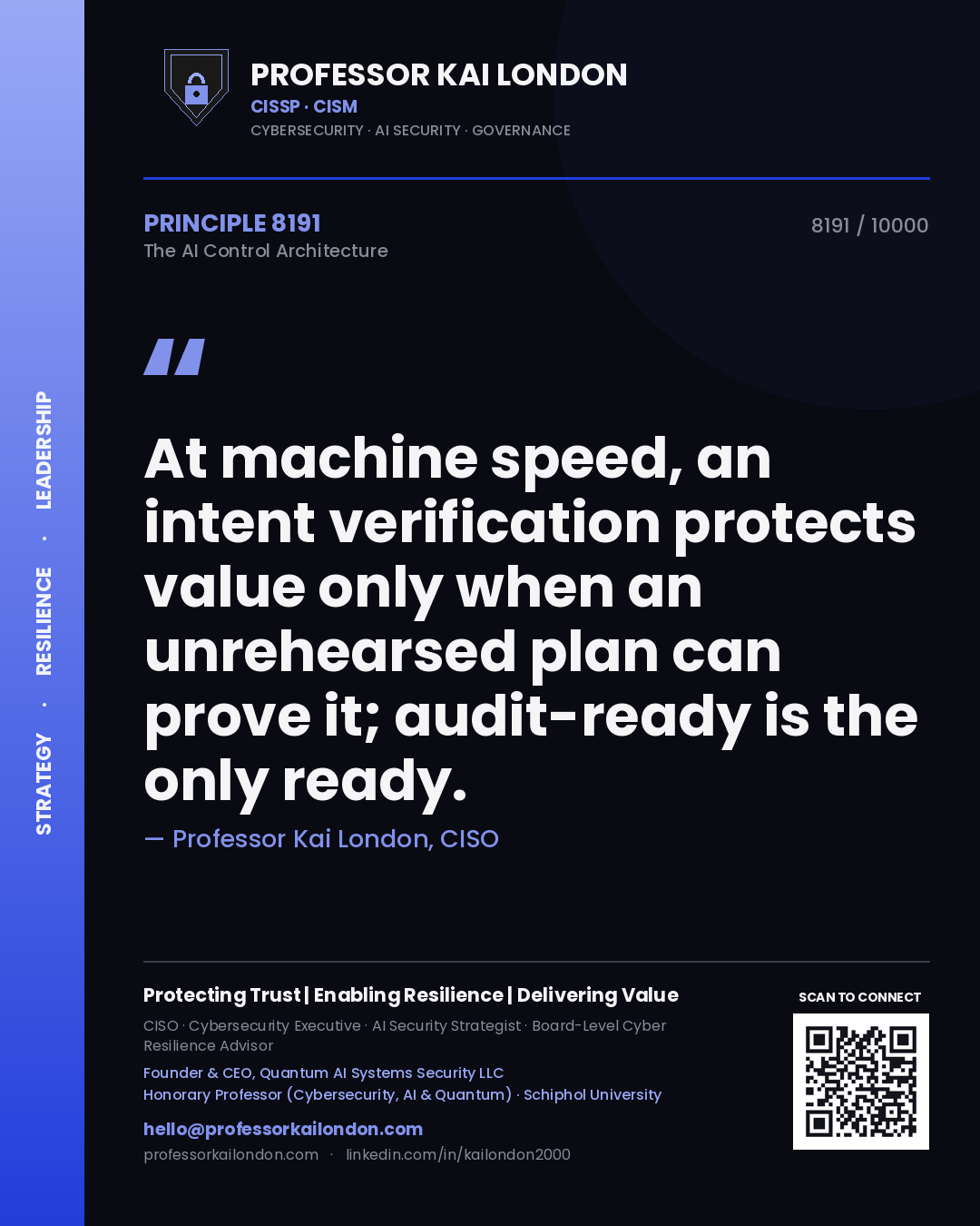 Professor Kai London principle 8191: At machine speed, an intent verification protects value only when an unrehearsed plan can prove it; audit-ready is the only ready.
