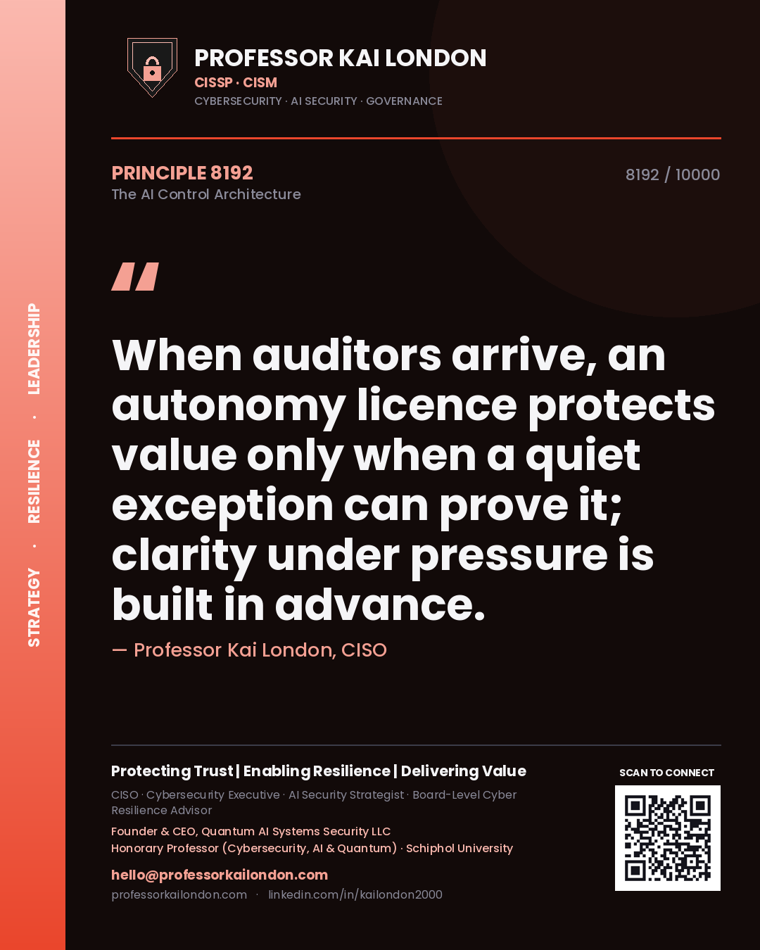 Professor Kai London principle 8192: When auditors arrive, an autonomy licence protects value only when a quiet exception can prove it; clarity under pressure is built in advance.