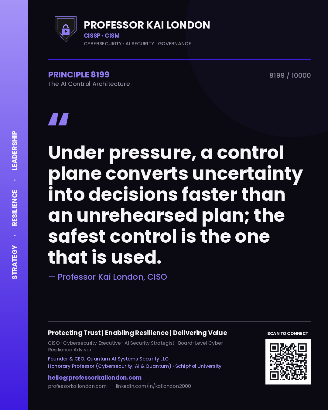Quote card by Professor Kai London reading 'Under pressure, a control plane converts uncertainty into decisions faster than an unrehearsed plan; the safest control is the one that is used.'. From the book The AI Control Architecture.