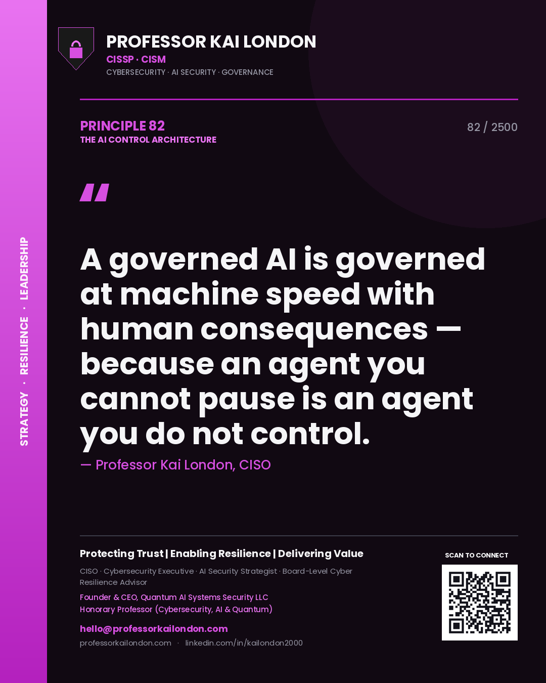 Professor Kai London principle 82: A governed AI is governed at machine speed with human consequences — because an agent you cannot pause is an agent you do not control.