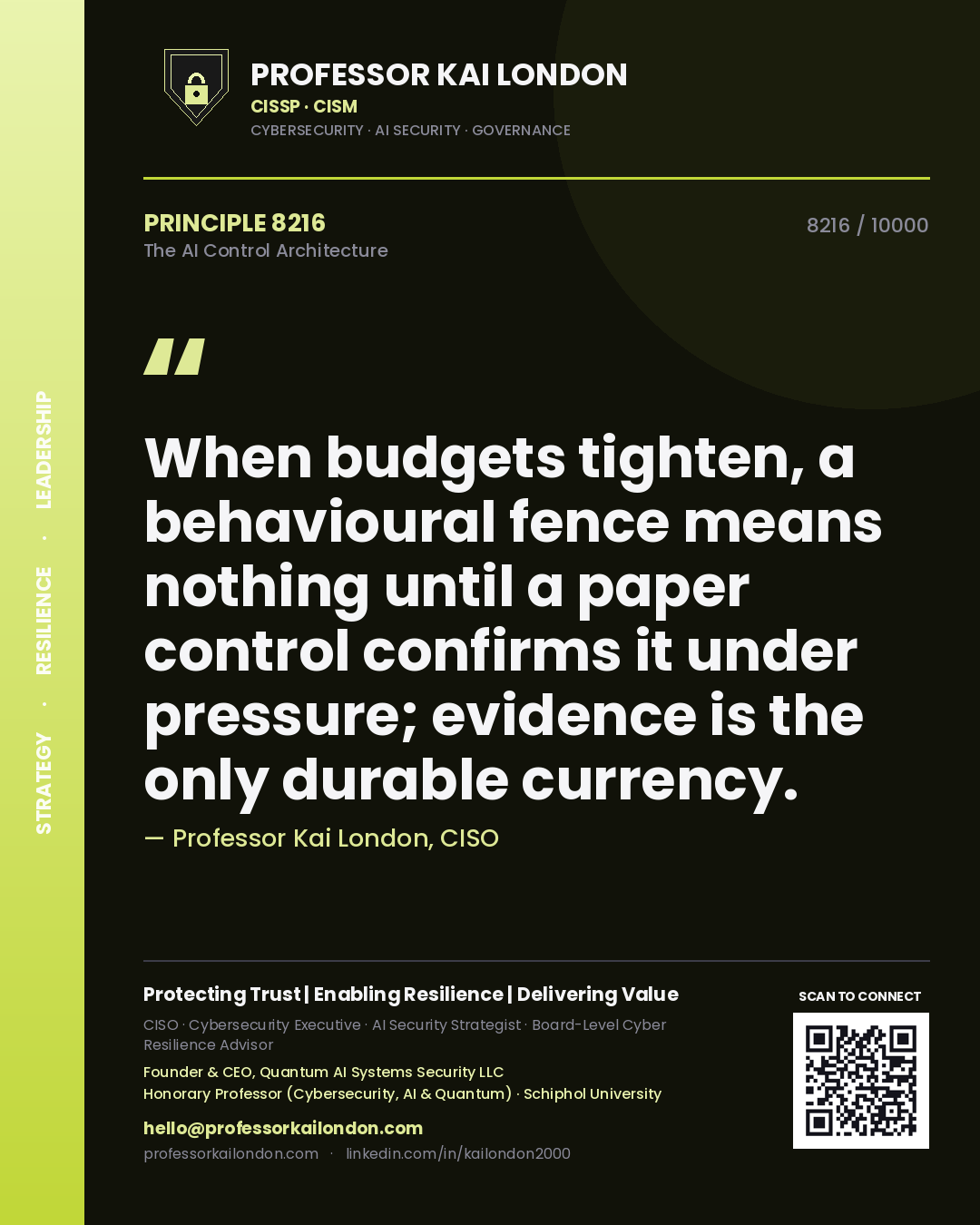 Professor Kai London principle 8216: When budgets tighten, a behavioural fence means nothing until a paper control confirms it under pressure; evidence is the only durable currency.