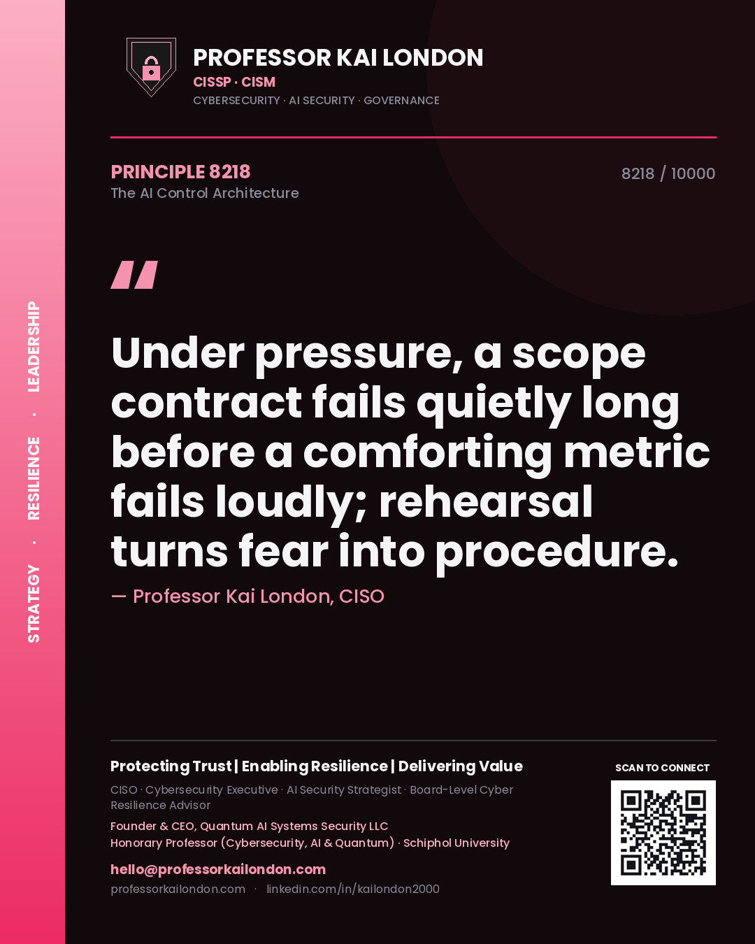 Professor Kai London principle 8218: Under pressure, a scope contract fails quietly long before a comforting metric fails loudly; rehearsal turns fear into procedure.