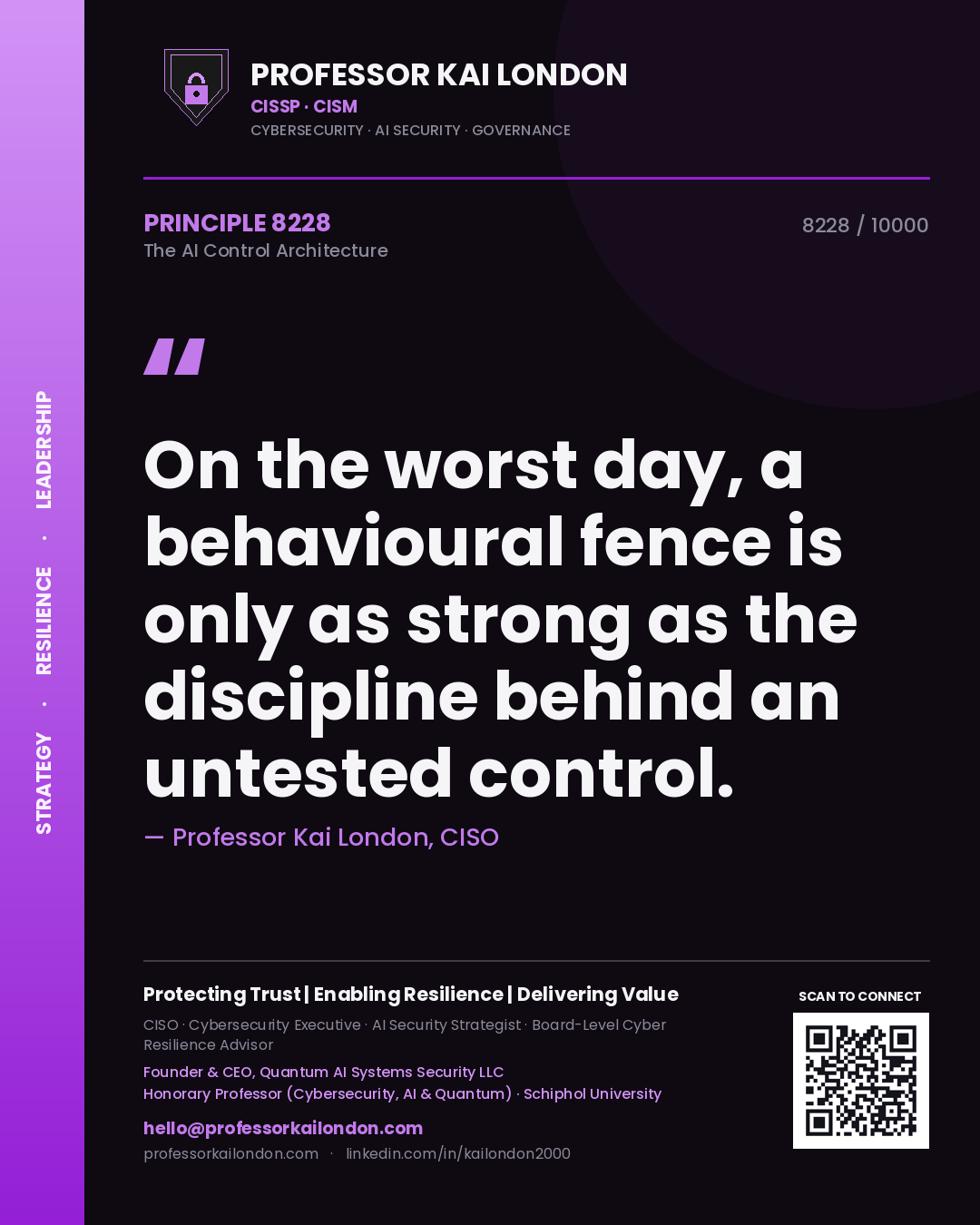 Quote card by Professor Kai London reading 'On the worst day, a behavioural fence is only as strong as the discipline behind an untested control.'. From the book The AI Control Architecture.