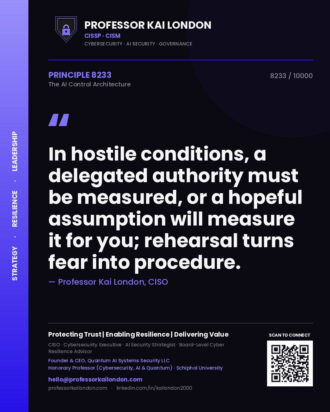 Professor Kai London principle 8233: In hostile conditions, a delegated authority must be measured, or a hopeful assumption will measure it for you; rehearsal turns fear into procedure.