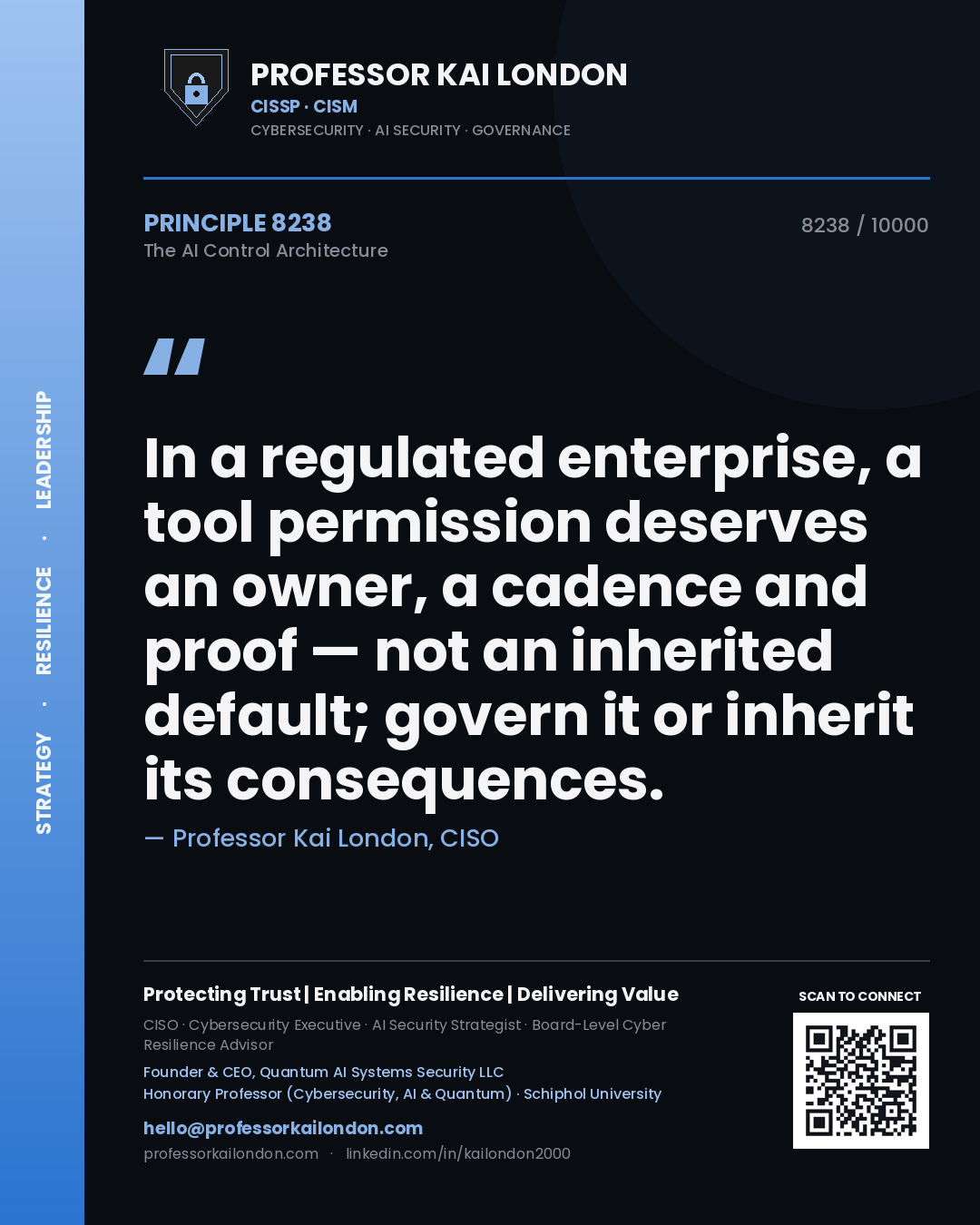 Professor Kai London principle 8238: In a regulated enterprise, a tool permission deserves an owner, a cadence and proof — not an inherited default; govern it or inherit its consequences.