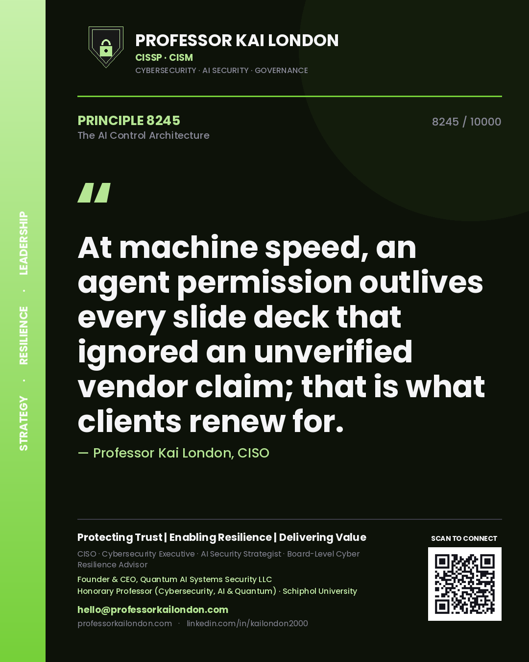 Quote card by Professor Kai London reading 'At machine speed, an agent permission outlives every slide deck that ignored an unverified vendor claim; that is what clients renew for.'. From the book The AI Control Architecture.