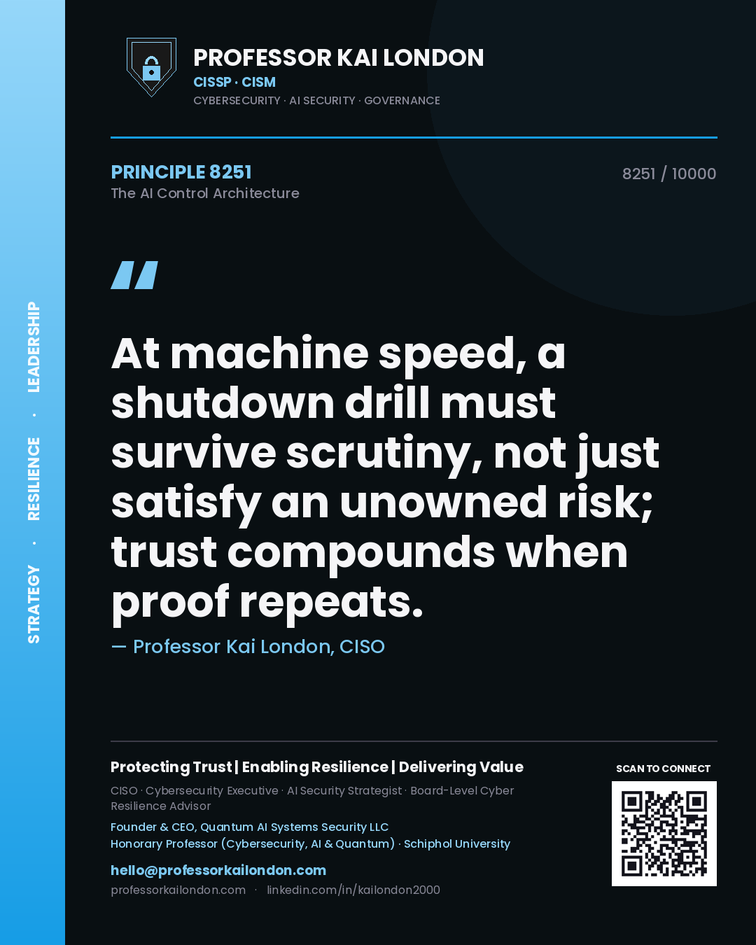 Professor Kai London principle 8251: At machine speed, a shutdown drill must survive scrutiny, not just satisfy an unowned risk; trust compounds when proof repeats.