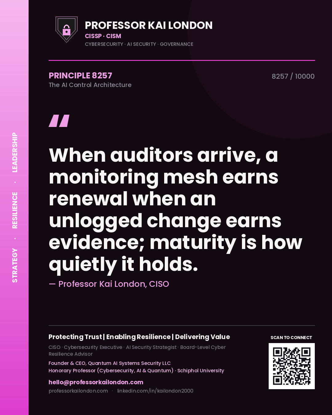Professor Kai London principle 8257: When auditors arrive, a monitoring mesh earns renewal when an unlogged change earns evidence; maturity is how quietly it holds.