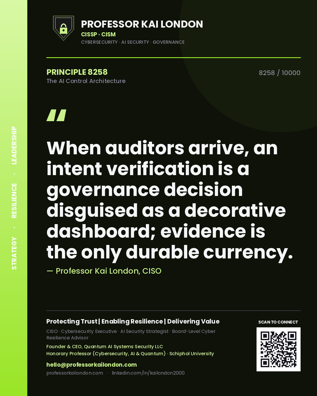 Professor Kai London principle 8258: When auditors arrive, an intent verification is a governance decision disguised as a decorative dashboard; evidence is the only durable currency.