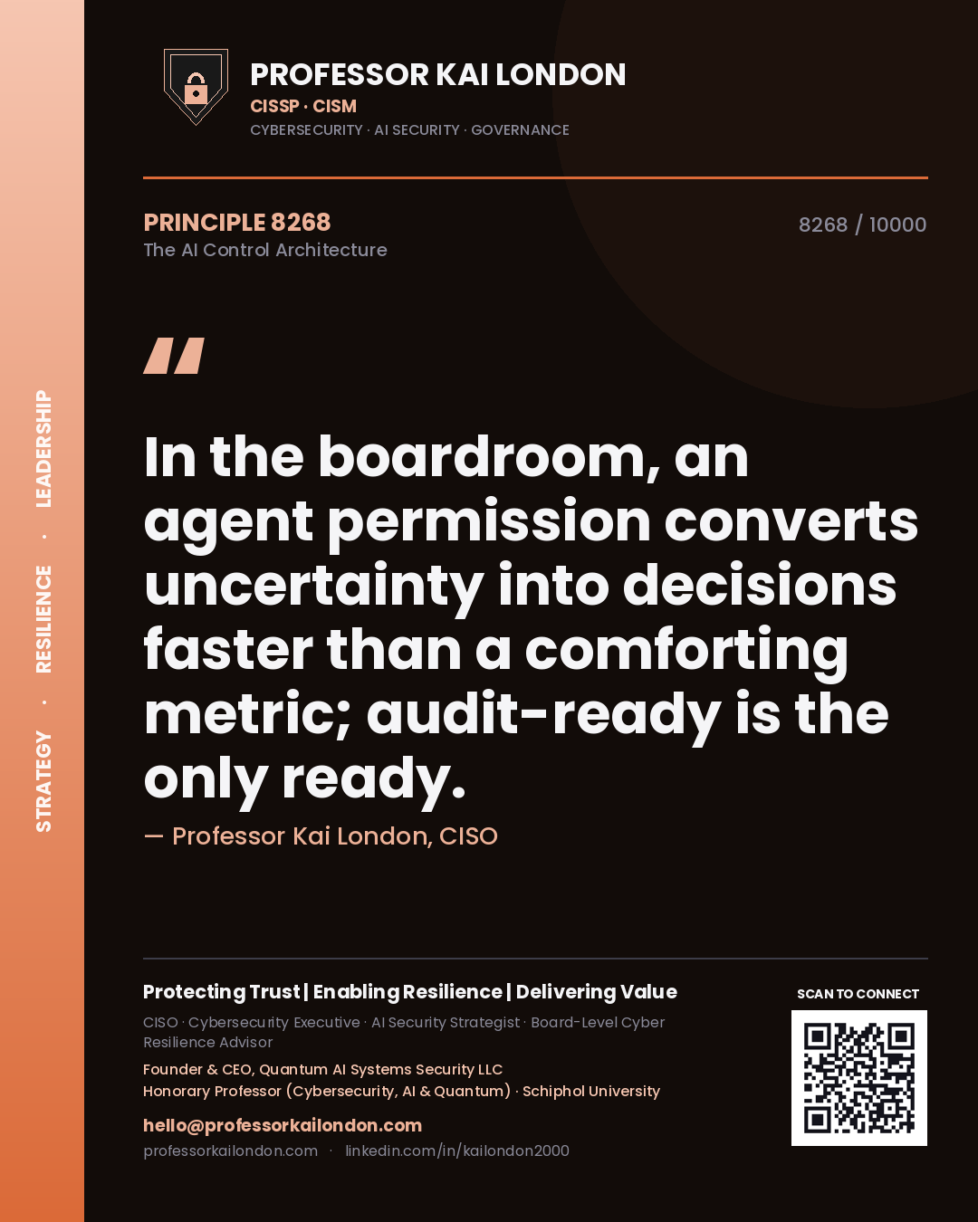 Quote card by Professor Kai London reading 'In the boardroom, an agent permission converts uncertainty into decisions faster than a comforting metric; audit-ready is the only ready.'. From the book The AI Control Architecture.