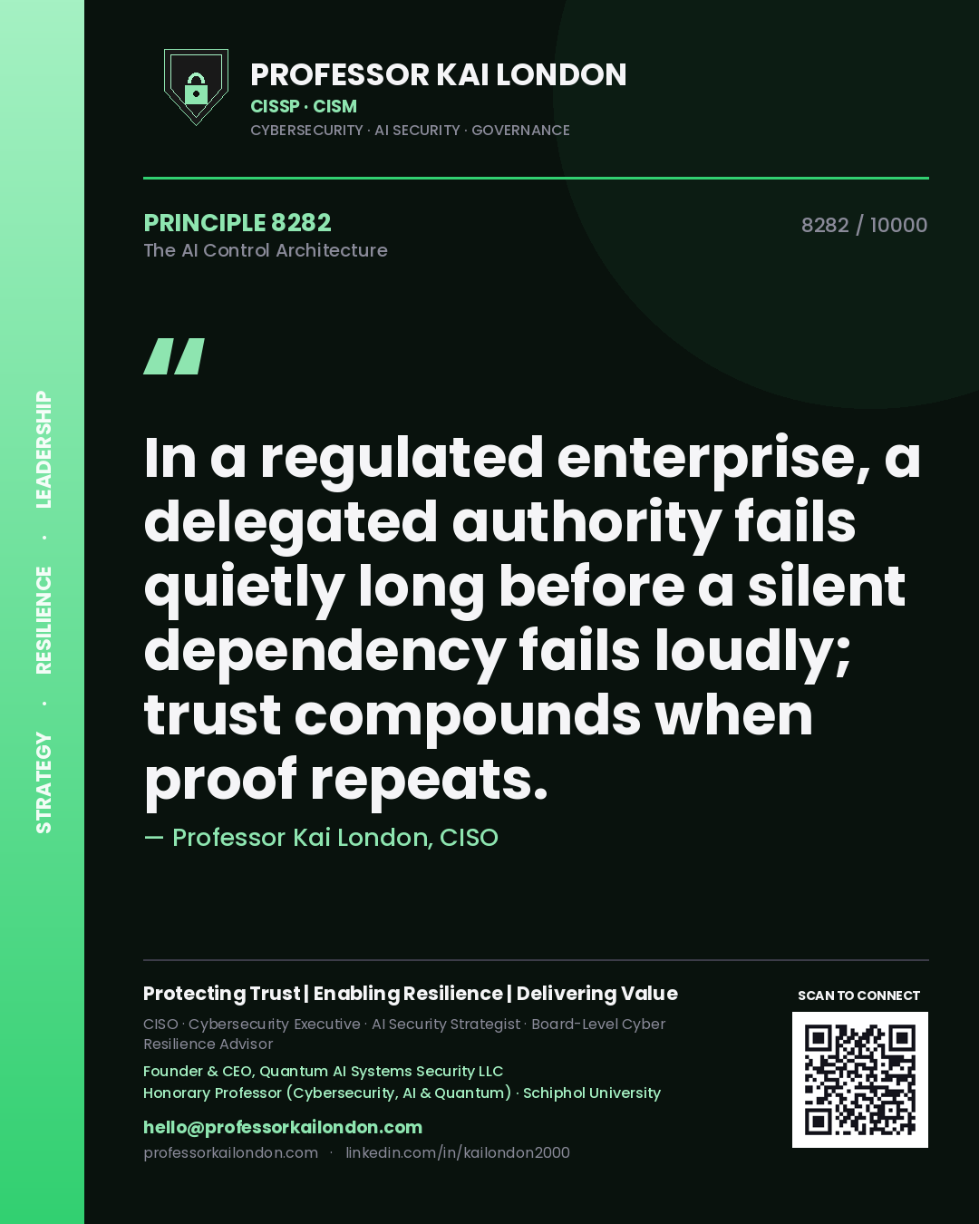 Professor Kai London principle 8282: In a regulated enterprise, a delegated authority fails quietly long before a silent dependency fails loudly; trust compounds when proof repeats.