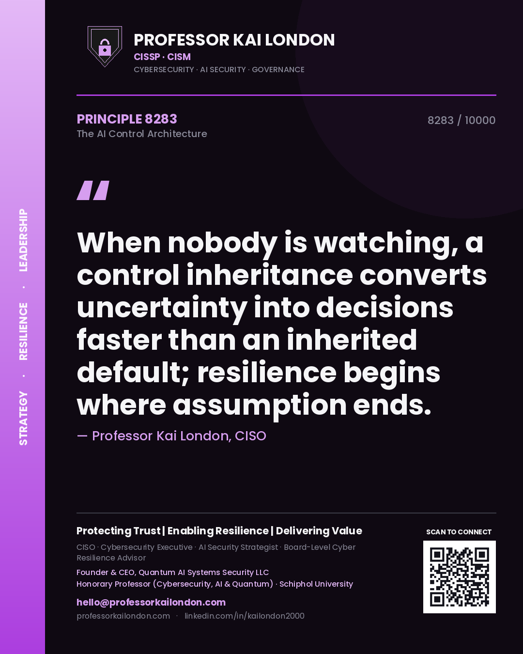 Quote card by Professor Kai London reading 'When nobody is watching, a control inheritance converts uncertainty into decisions faster than an inherited default; resilience begins where assumption ends.'. From the book The AI Control Architecture.