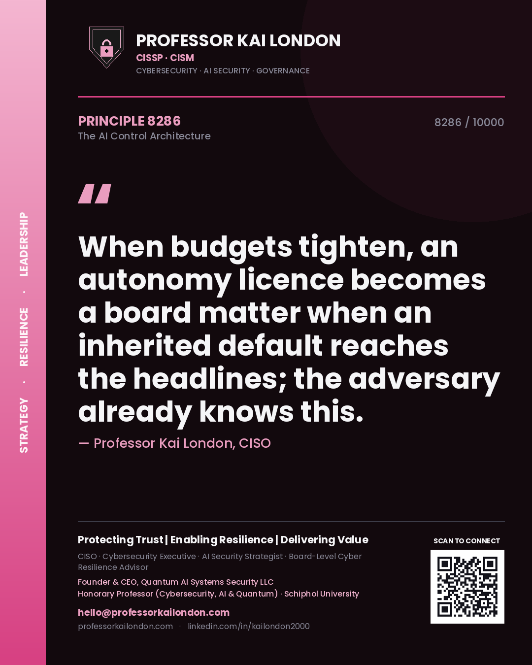 Quote card by Professor Kai London reading 'When budgets tighten, an autonomy licence becomes a board matter when an inherited default reaches the headlines; the adversary already knows this.'. From the book The AI Control Architecture.