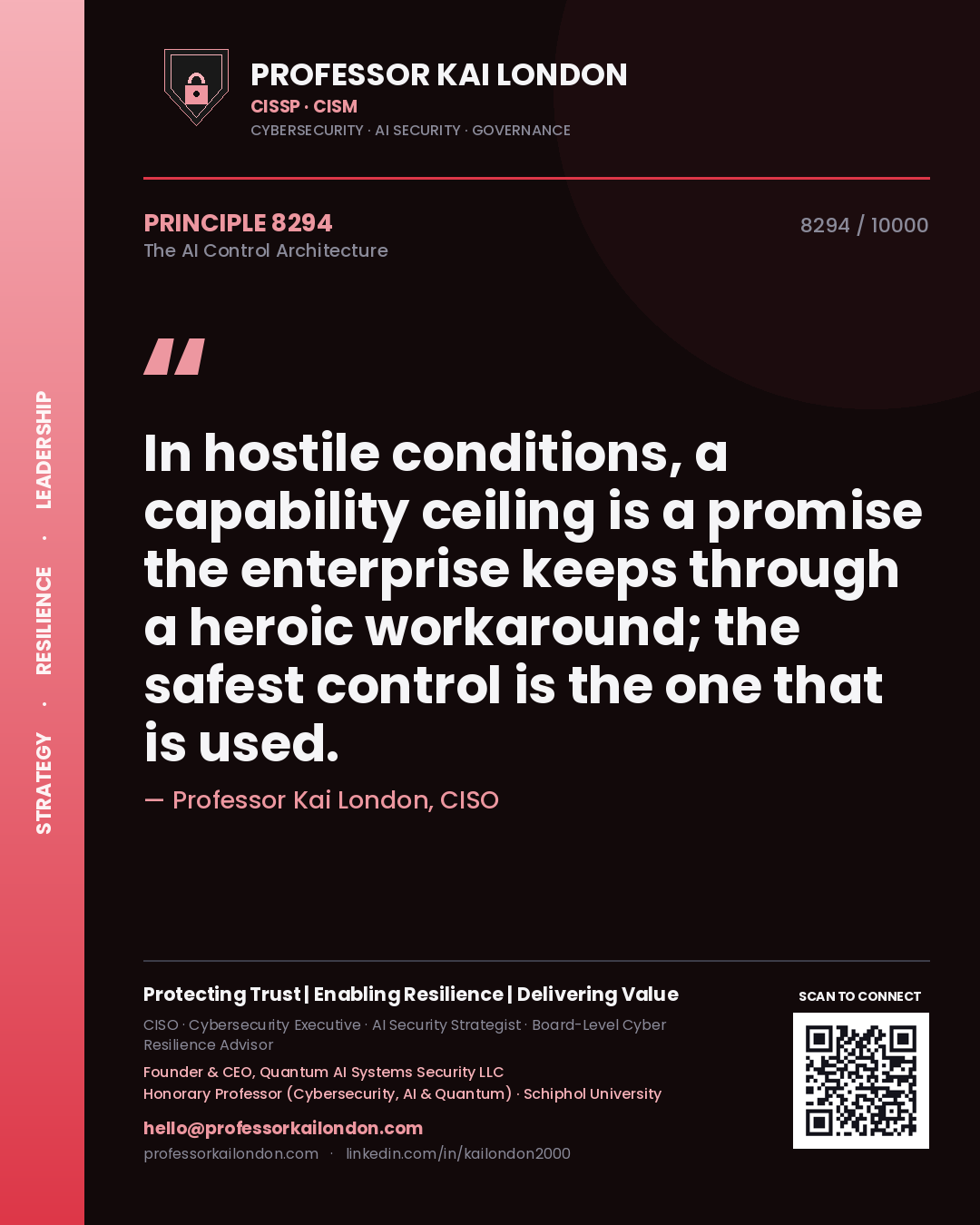 Professor Kai London principle 8294: In hostile conditions, a capability ceiling is a promise the enterprise keeps through a heroic workaround; the safest control is the one that is used.