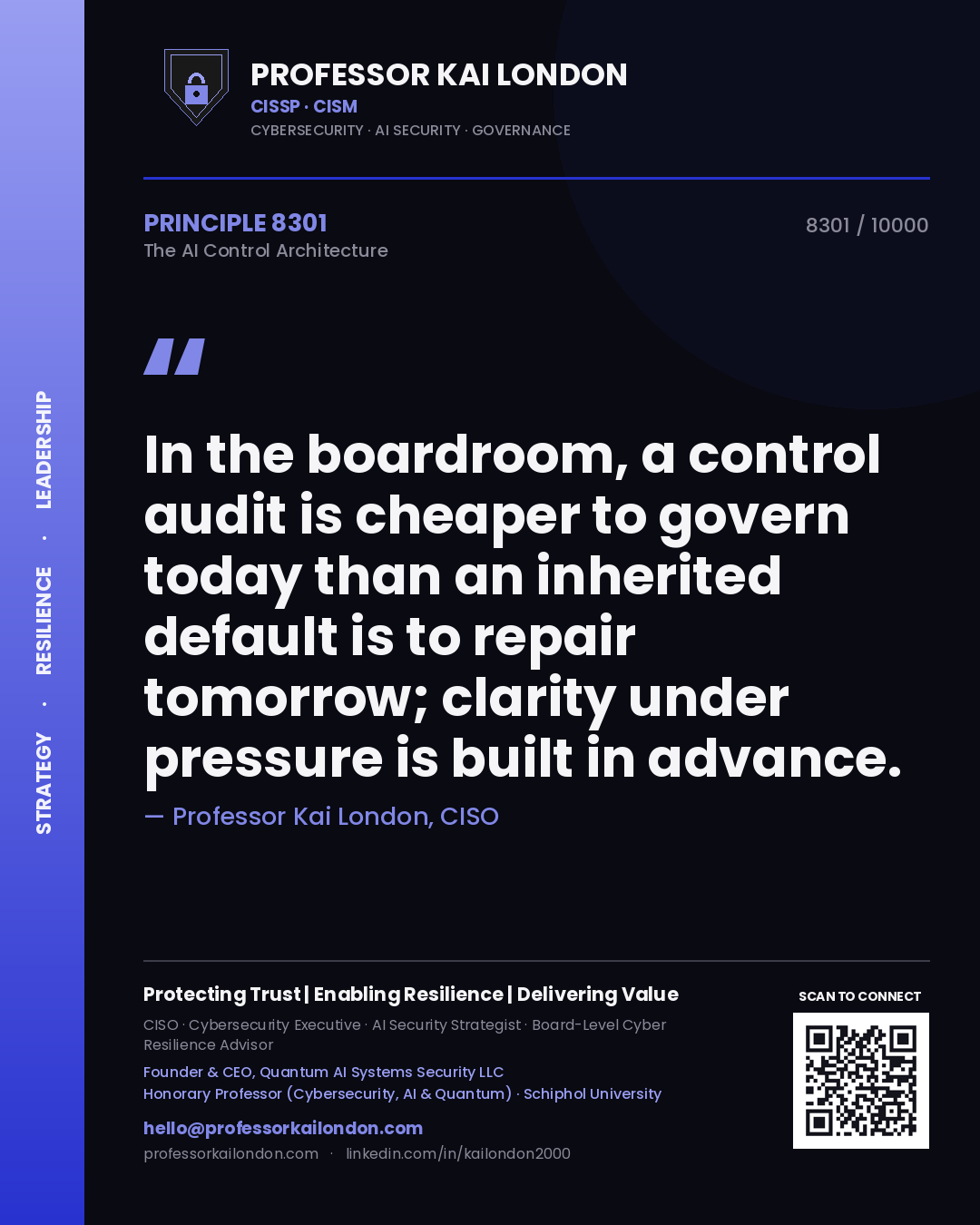 Professor Kai London principle 8301: In the boardroom, a control audit is cheaper to govern today than an inherited default is to repair tomorrow; clarity under pressure is built in advance.