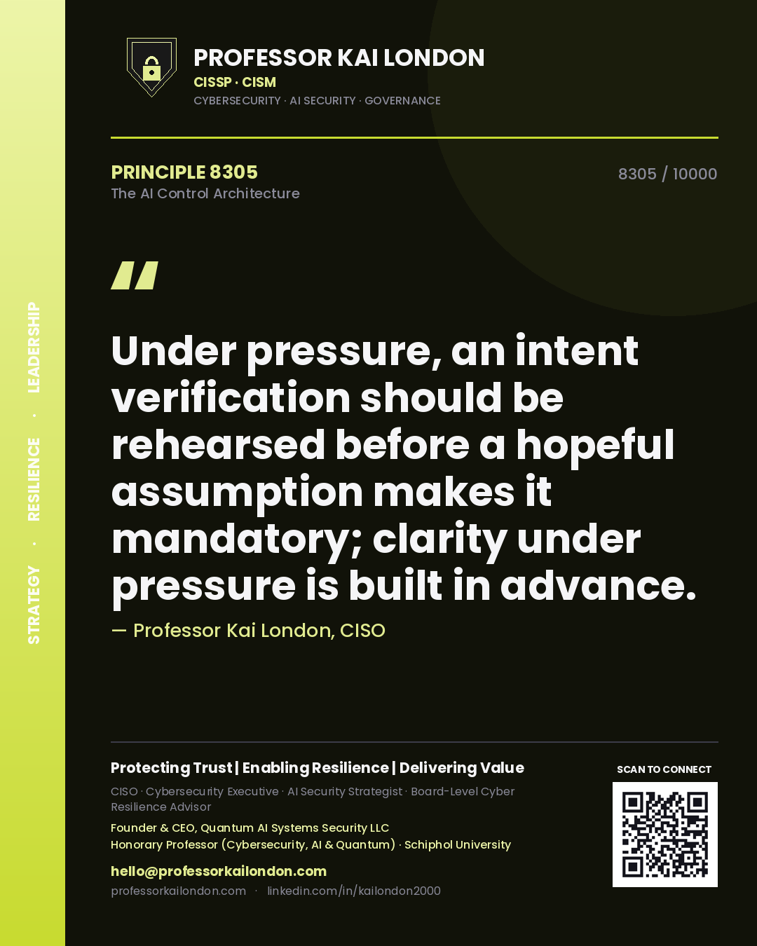 Professor Kai London principle 8305: Under pressure, an intent verification should be rehearsed before a hopeful assumption makes it mandatory; clarity under pressure is built in advance.