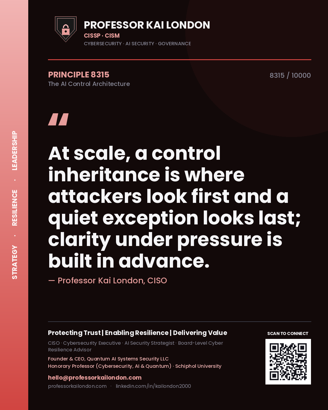 Quote card by Professor Kai London reading 'At scale, a control inheritance is where attackers look first and a quiet exception looks last; clarity under pressure is built in advance.'. From the book The AI Control Architecture.